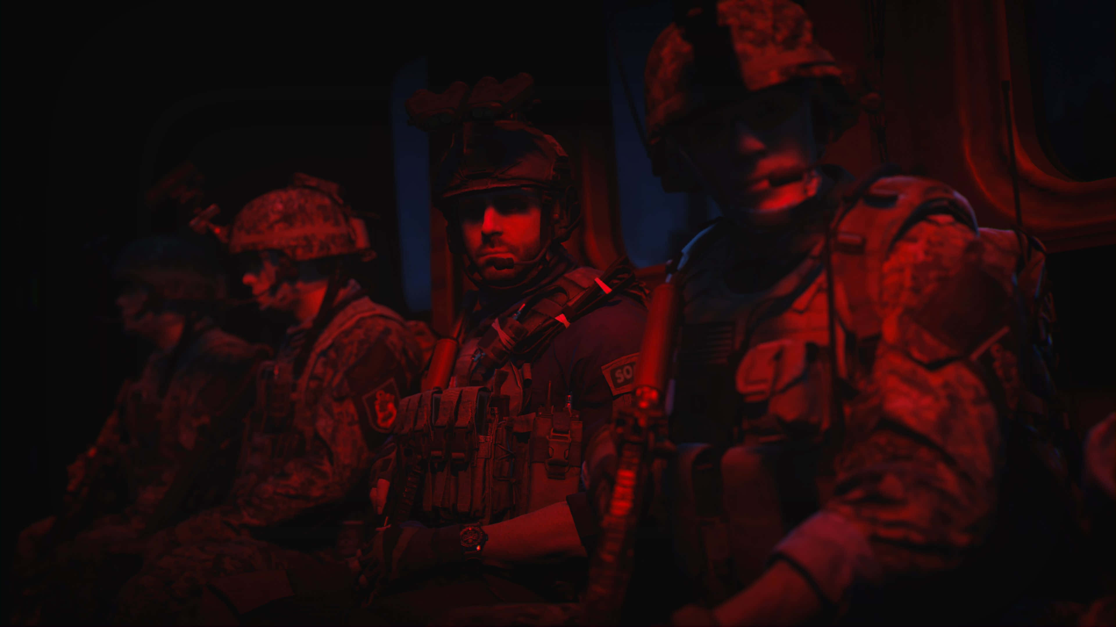 Call Of Duty Modern Warfare 2, tactical gear, dimly lit vehicle, 4K Desktop Wallpaper
