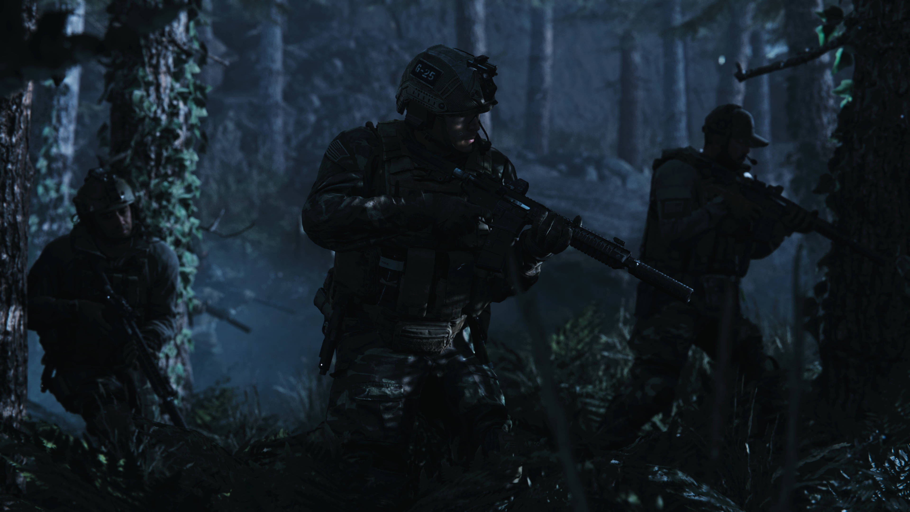 Call of Duty Modern Warfare 2019, tactical gear, misty dark forest, 4K Desktop Wallpaper