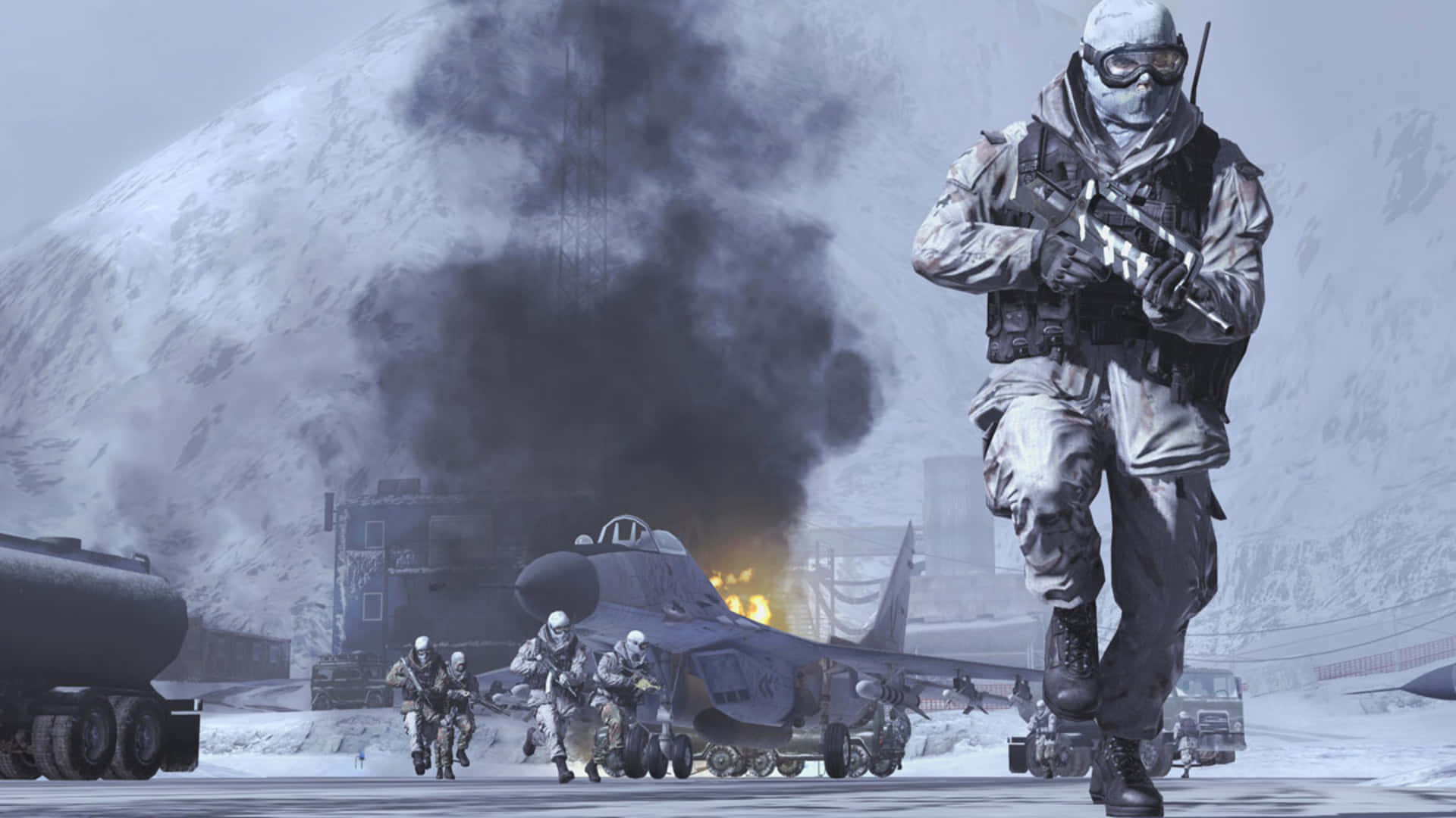 Call Of Duty Modern Warfare 2, snowy battlefield, fighter jet, Full HD Desktop Wallpaper