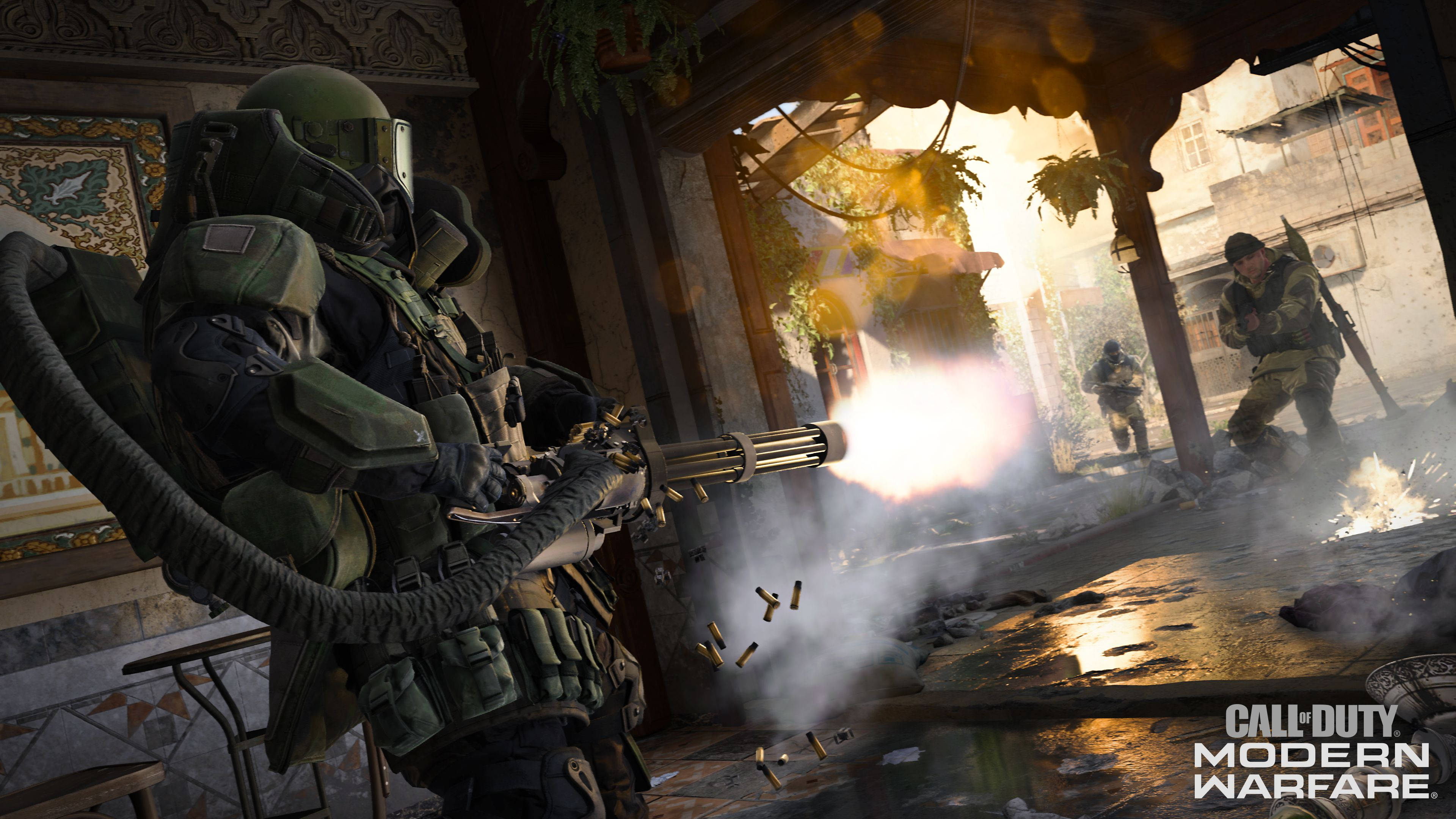 Call Of Duty Modern Warfare 3, minigun, sunlit courtyard, 4K Desktop Wallpaper