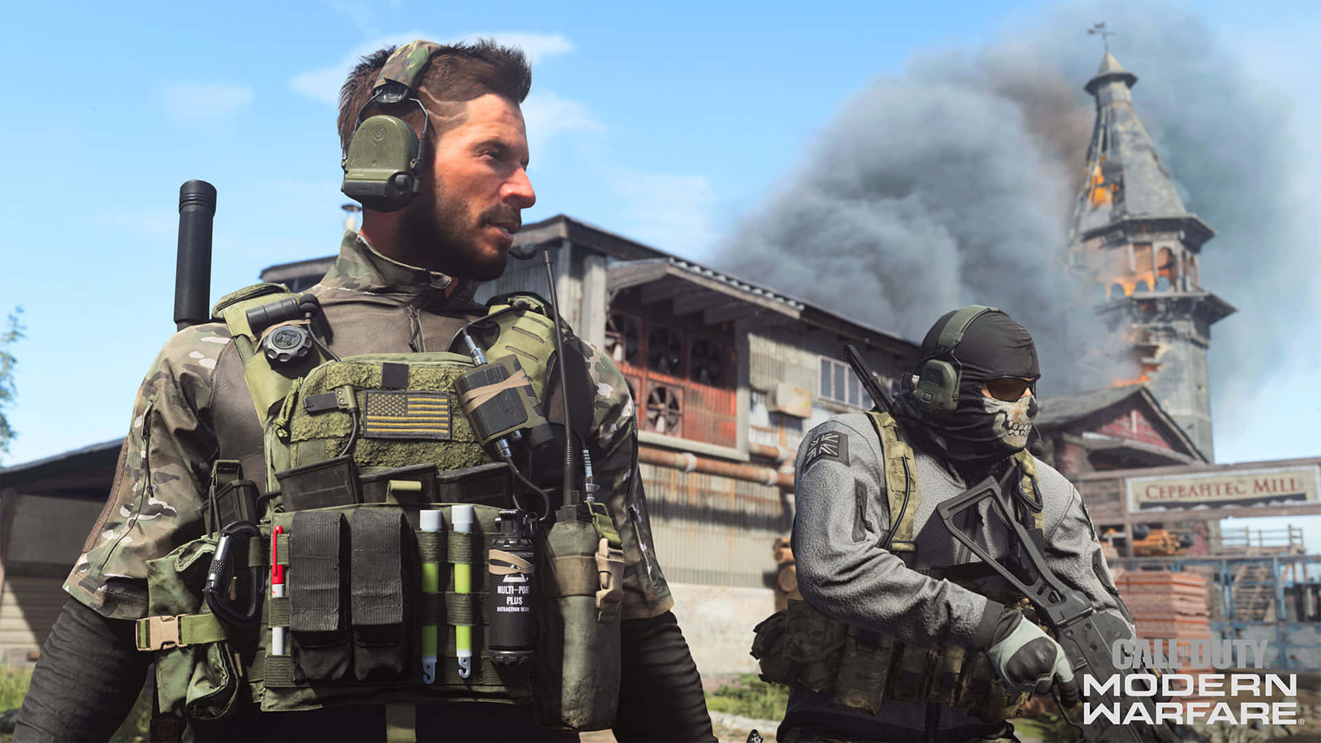 Call Of Duty PS4, tactical gear, burning church, Full HD Desktop Wallpaper