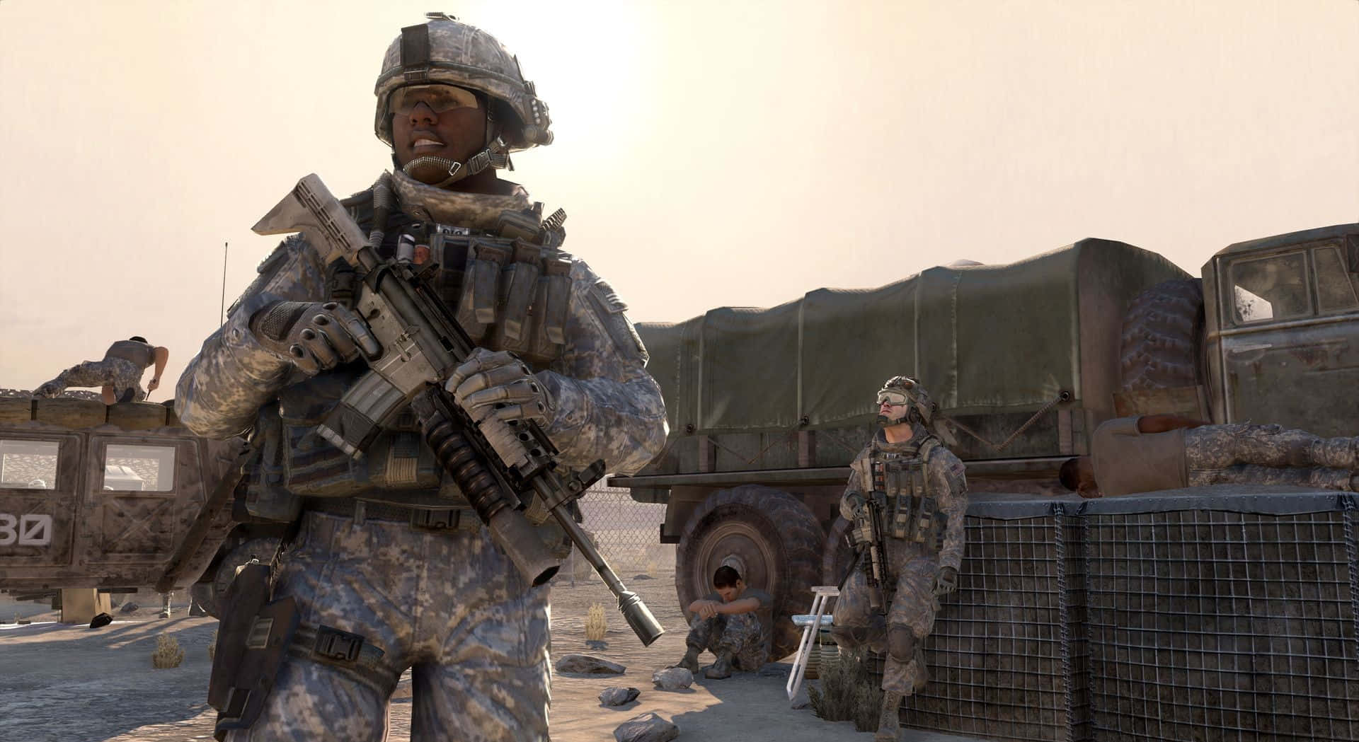 Call Of Duty Soldiers, desert camouflage, military trucks, Full HD Desktop Wallpaper