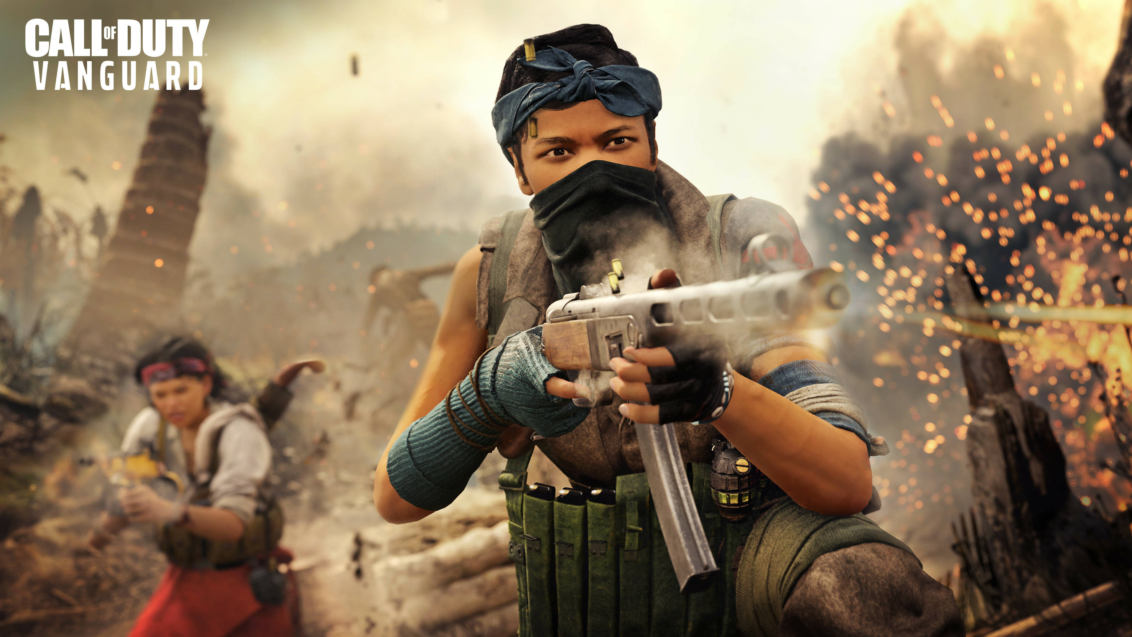 Call Of Duty Vanguard, submachine gun, fiery explosions, 4K Desktop Wallpaper