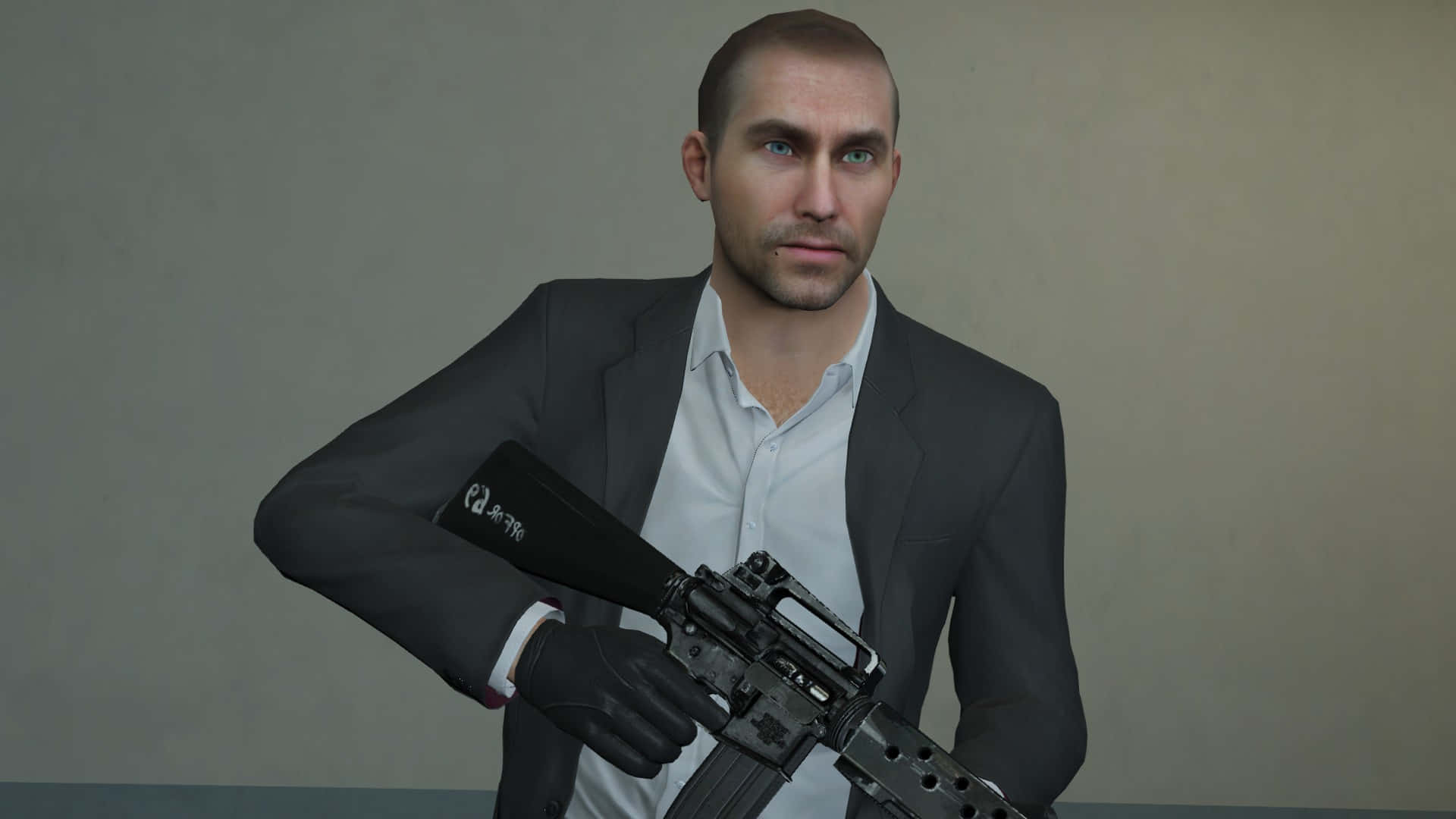 Vladimir Makarov, black assault rifle, dark suit, Full HD Desktop Wallpaper