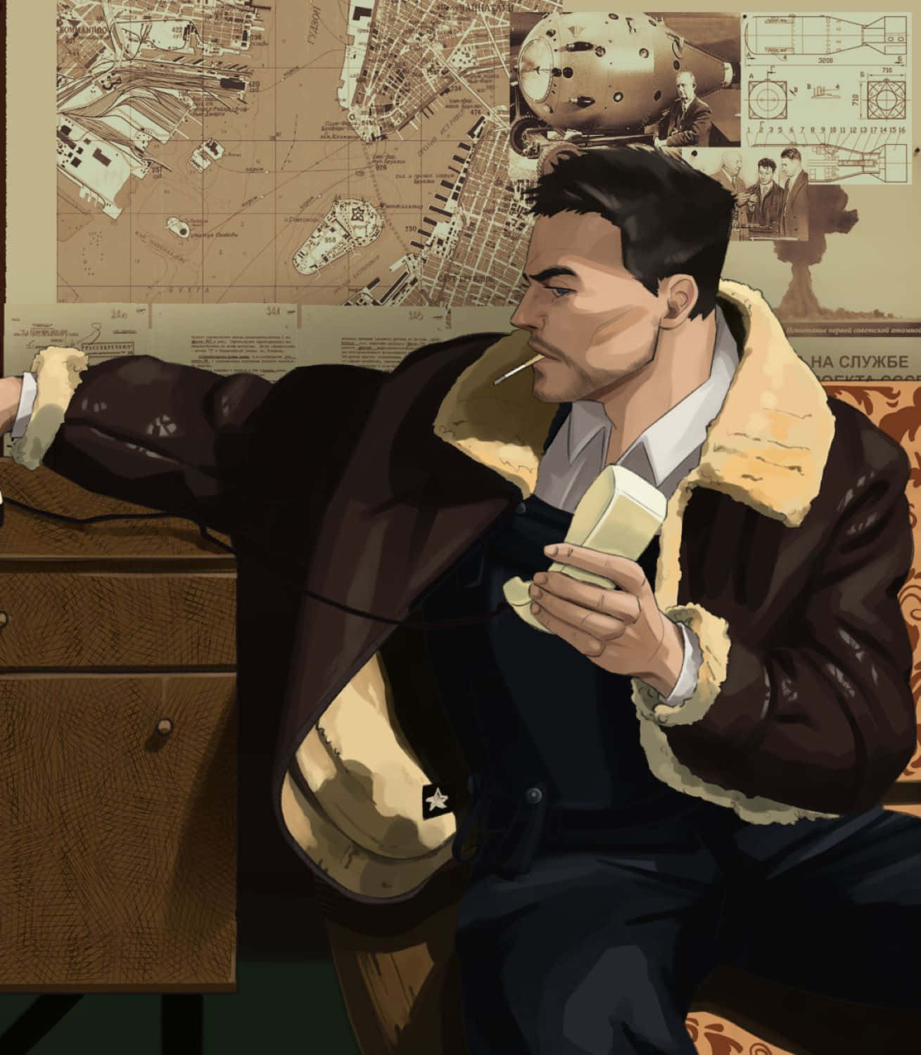 Vladimir Makarov, brown shearling jacket, wooden desk, HD Phone Wallpaper