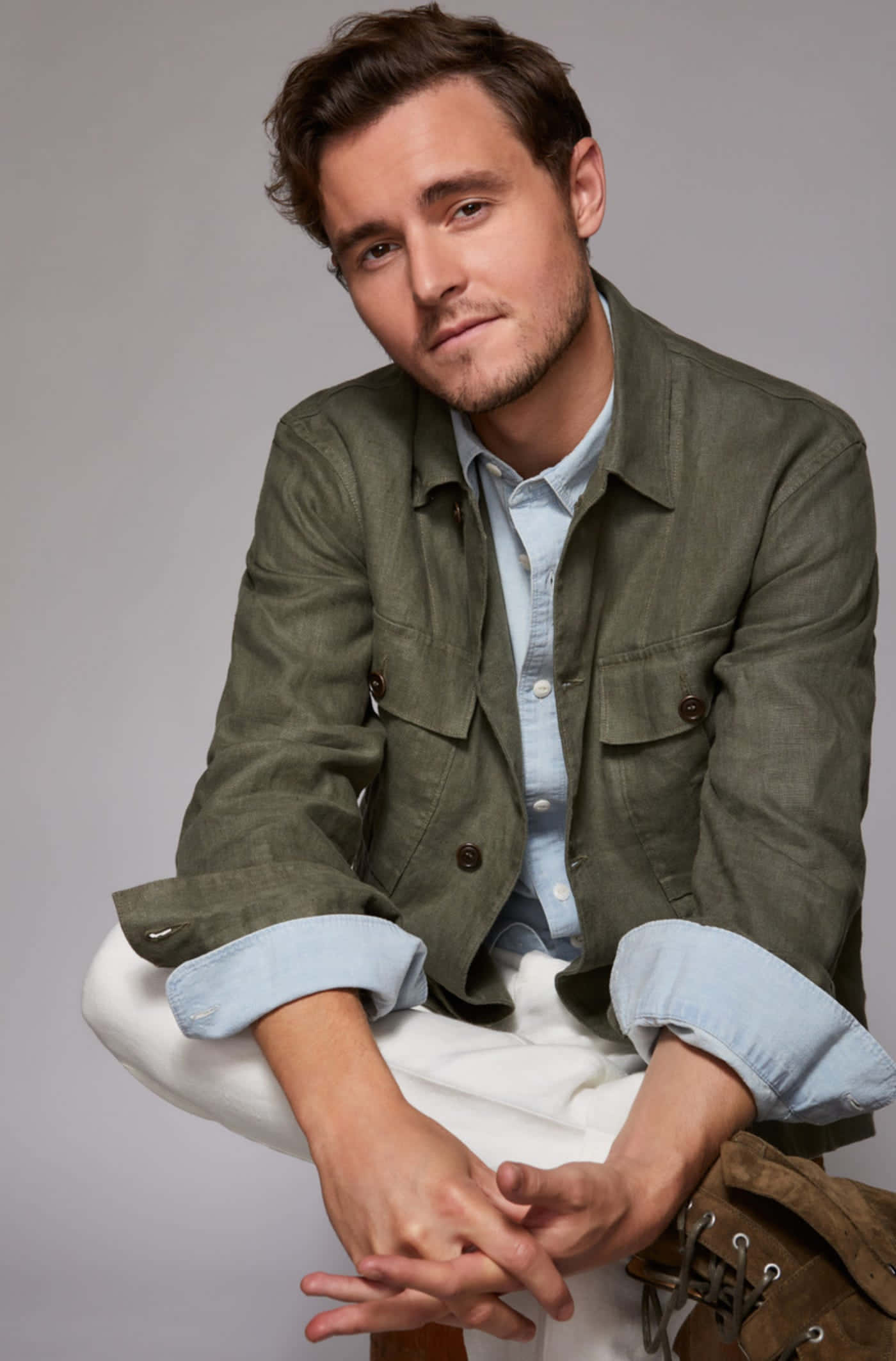 Callan Mcauliffe, olive jacket, light blue shirt, Full HD Phone Wallpaper