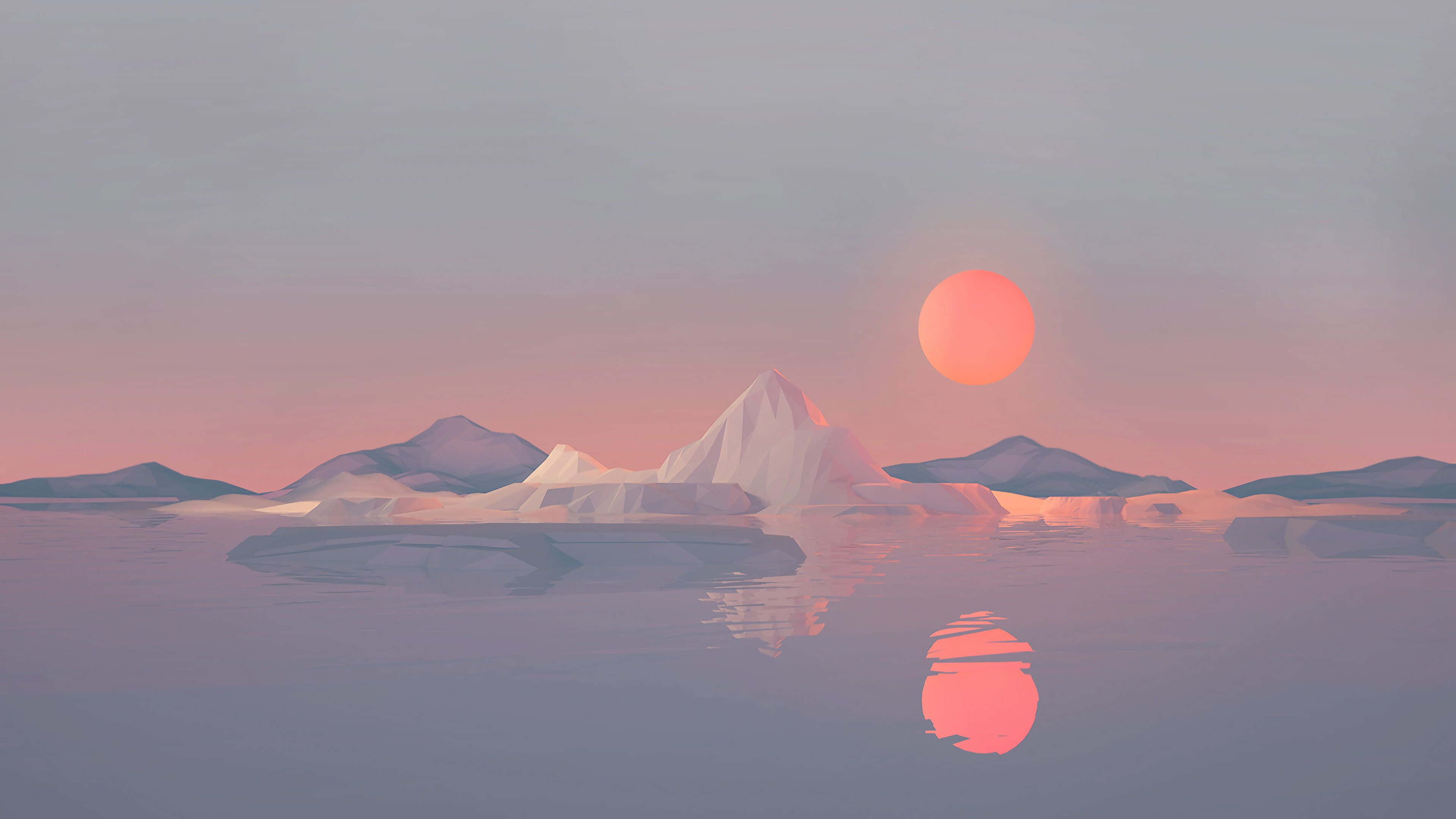 sunset, icebergs, glowing orange sun, 4K Desktop Wallpaper