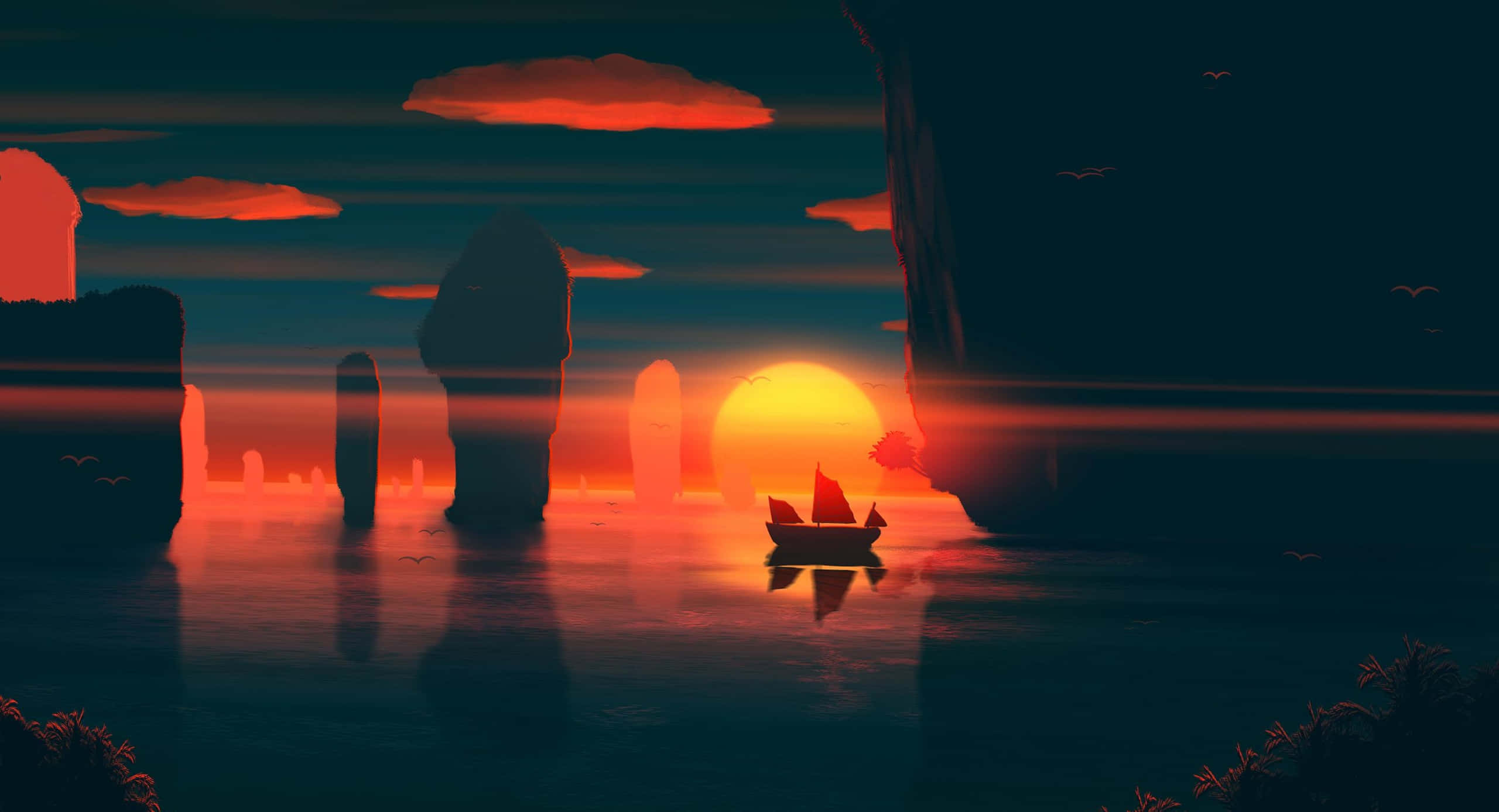 sailboat, calm waters, sunset, 2K Desktop Wallpaper