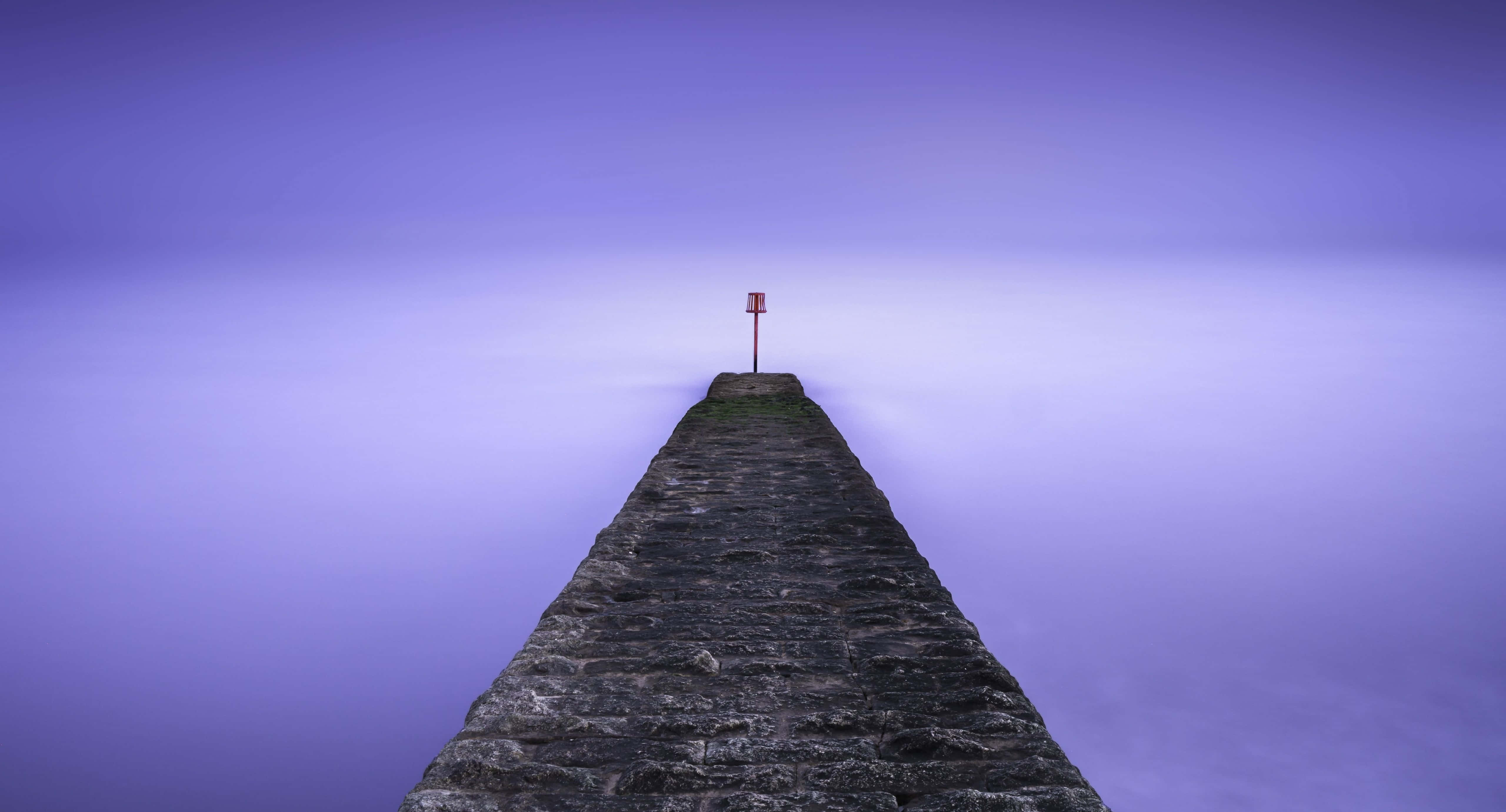 stone pier, misty purple sea, red marker, 5K Desktop Wallpaper