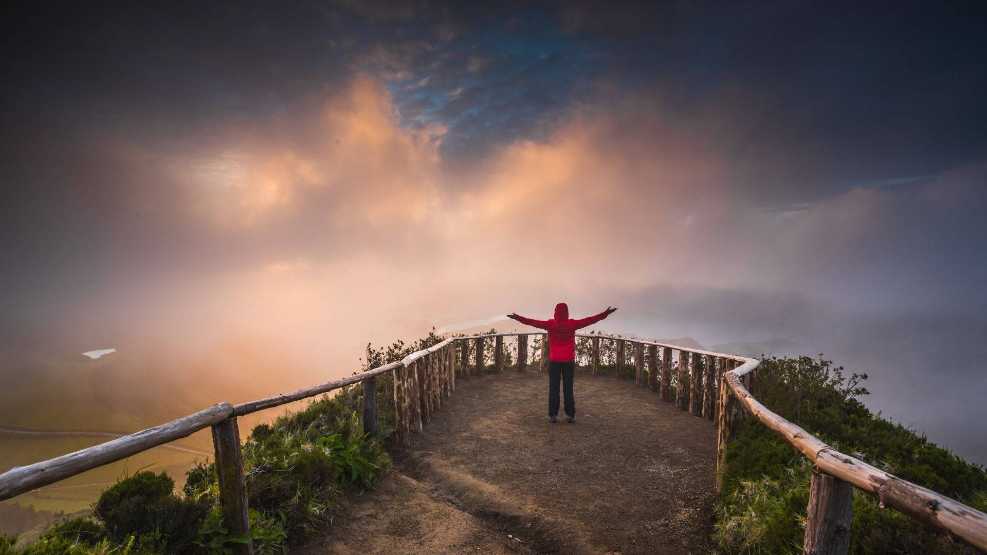 red jacket, wooden overlook path, golden sunrise light, Full HD Desktop Wallpaper