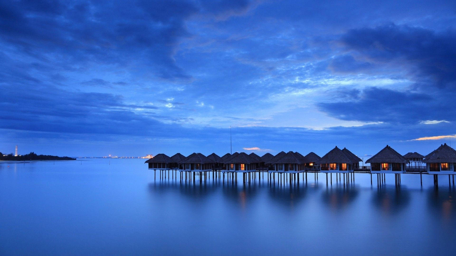 overwater bungalows, deep blue twilight sky, calm waters, Full HD Desktop Wallpaper