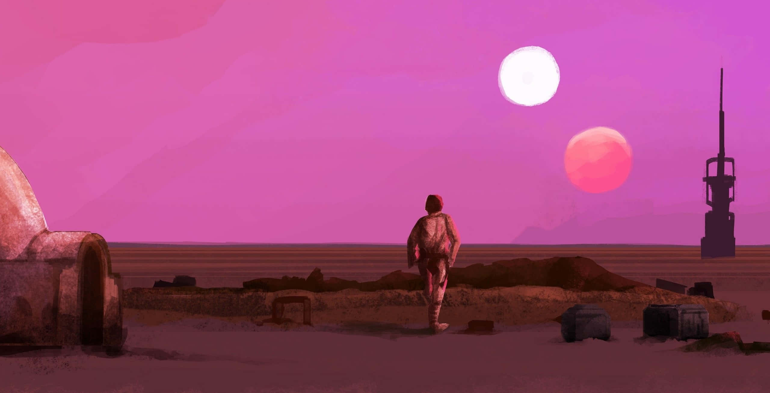 Retro Calm Aesthetic Desktop, double sun, alien desert, 2K Desktop Wallpaper