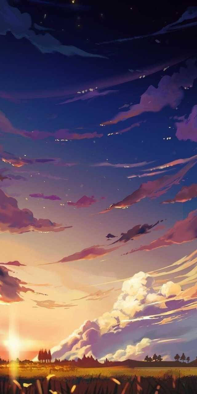 serene aesthetic anime sky, purple orange and gold clouds, grassy field, HD Phone Wallpaper