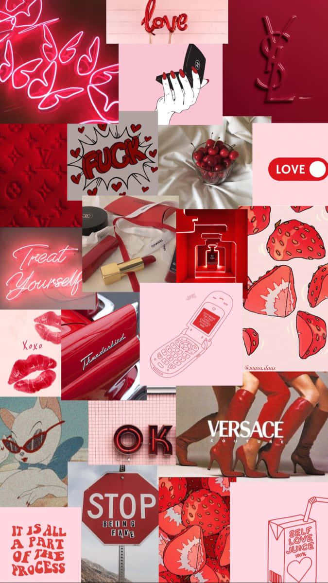 soft red aesthetic, neon signs, strawberries, SD Phone Wallpaper