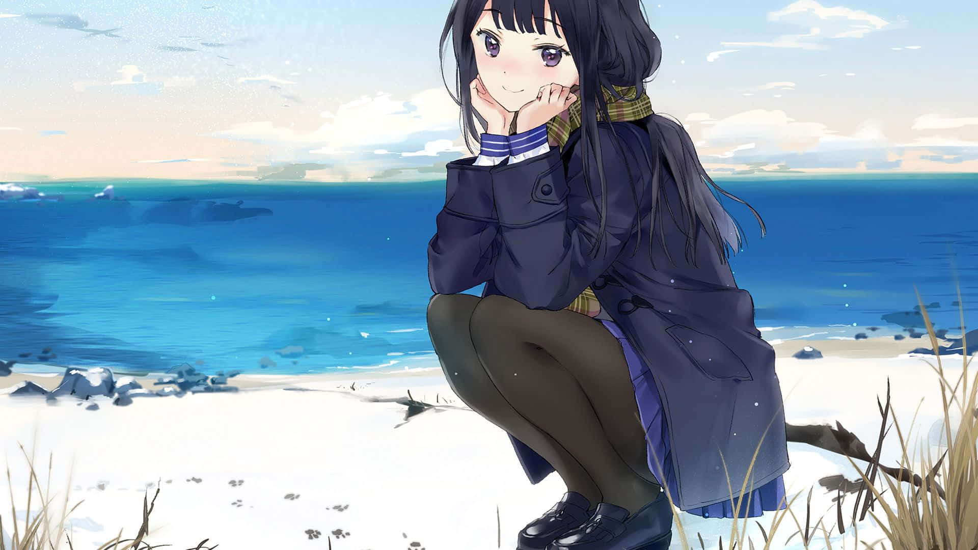 Calm Anime, blue sea, snowy beach, Full HD Desktop Wallpaper