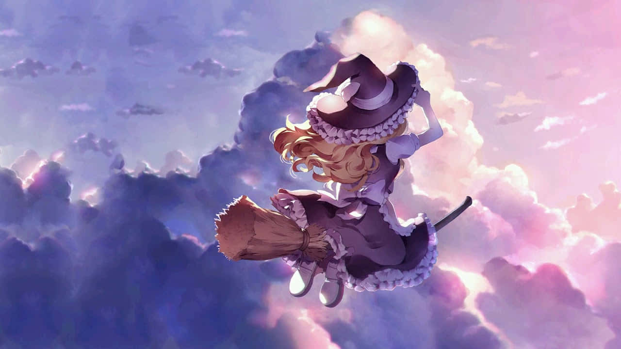 anime witch, blonde hair, broomstick, HD Desktop Wallpaper