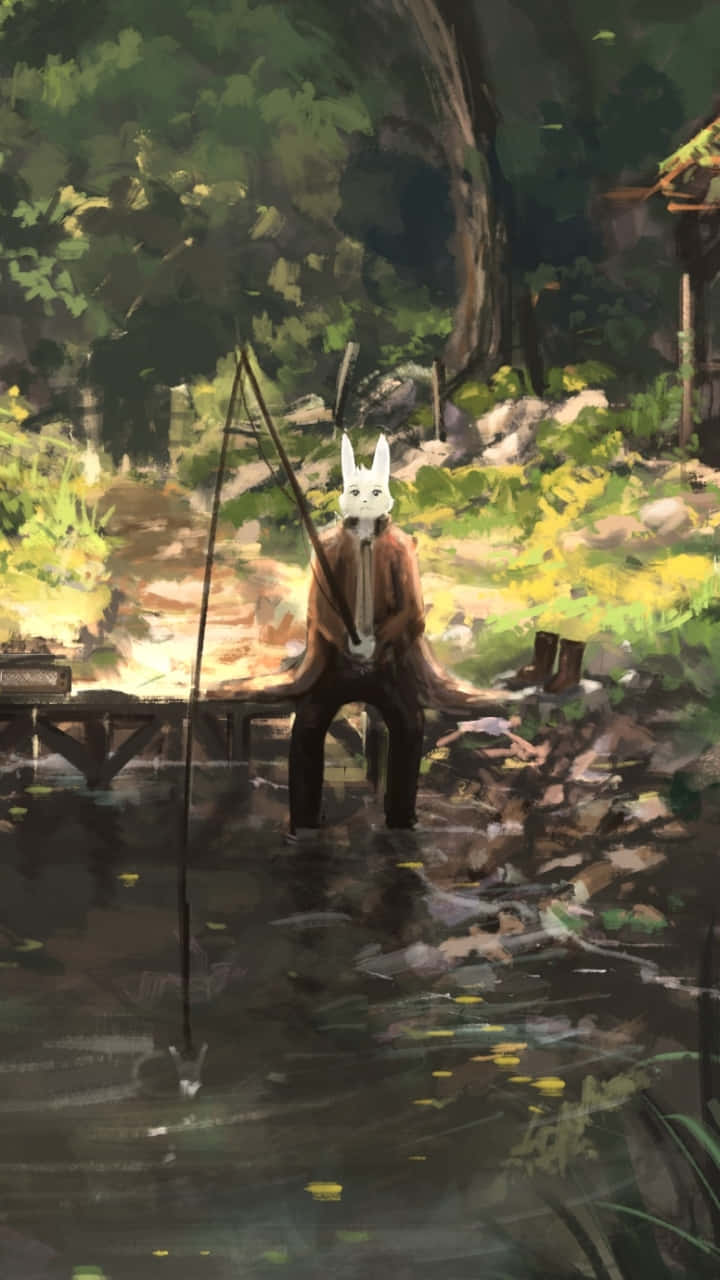 rabbit-headed figure, wooden dock, sun-dappled forest stream, HD Phone Wallpaper
