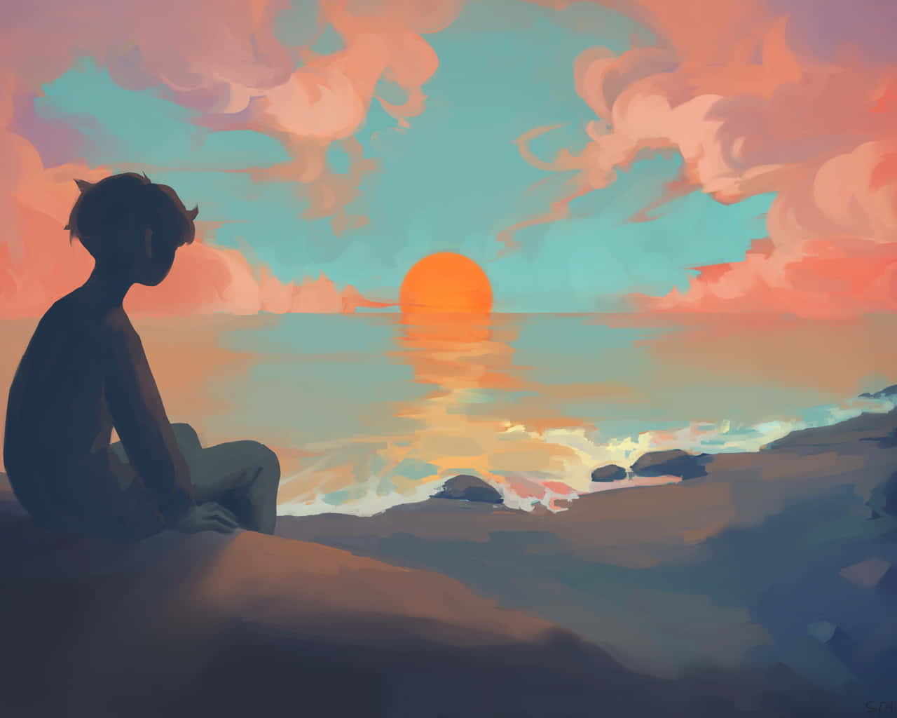 Calm Anime, orange sun, rocky shore, HD Desktop Wallpaper