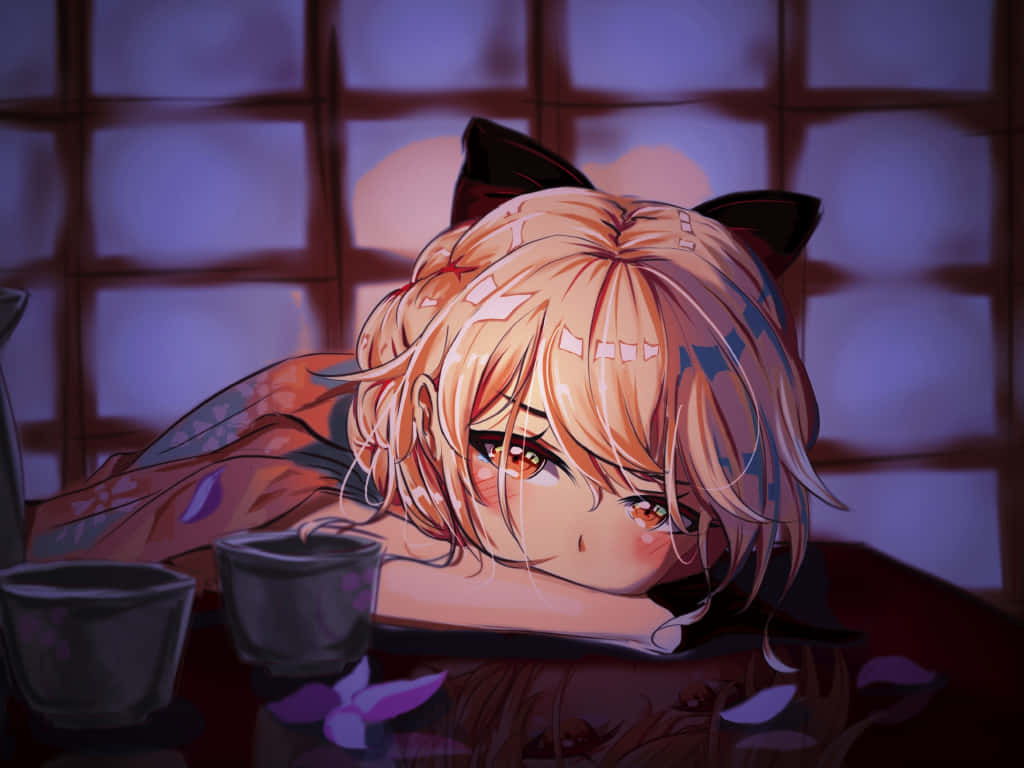 anime girl, cat ears, tea cups, SD Desktop Wallpaper