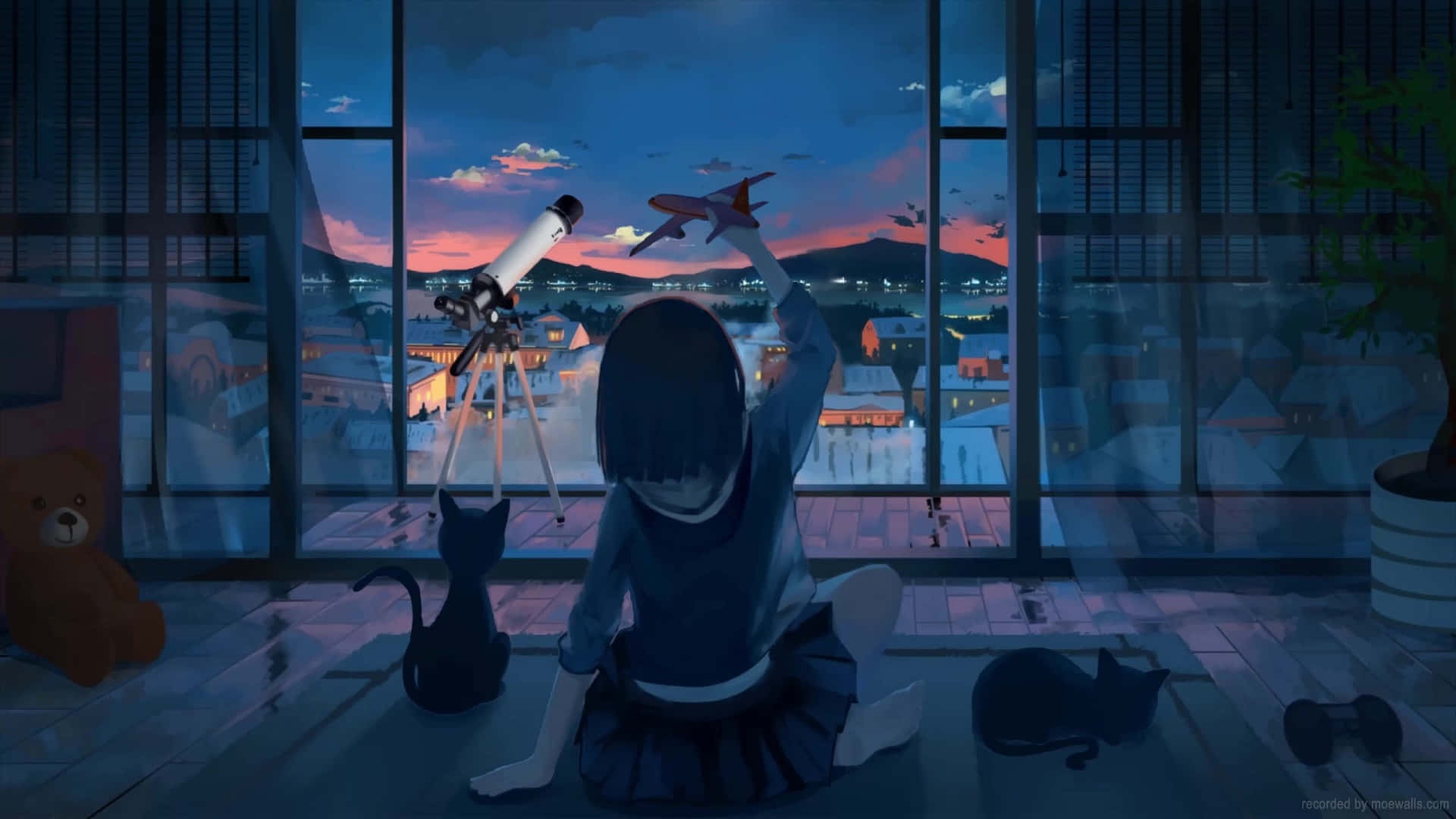 girl in a school uniform, large window at dusk, toy airplane, Full HD Desktop Wallpaper