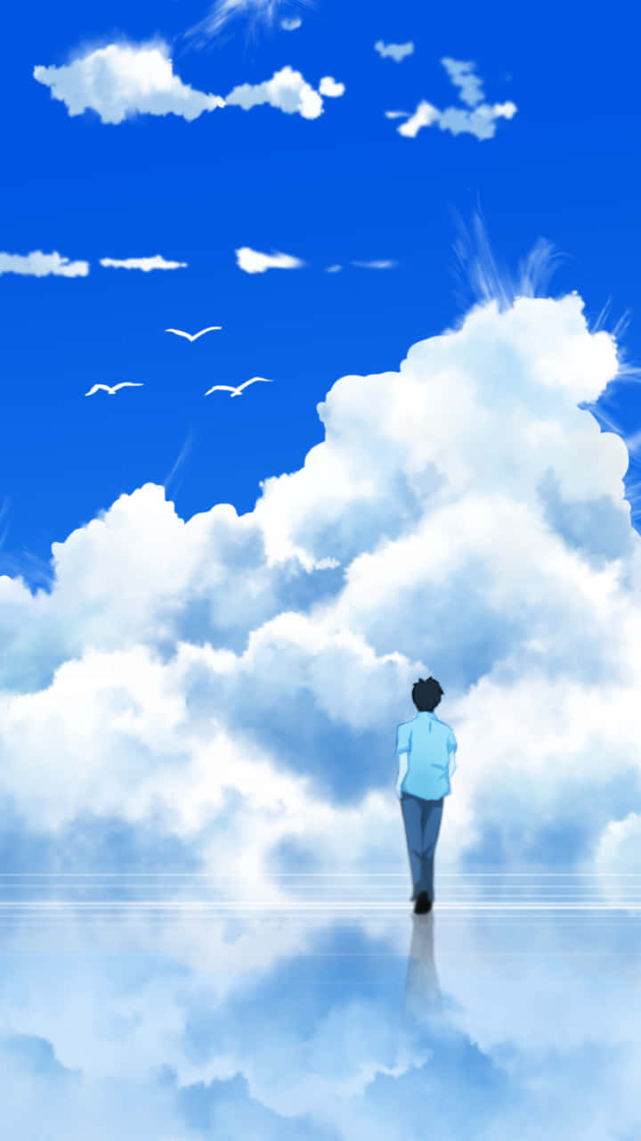 anime boy, light blue shirt, reflective cloud surface, HD Phone Wallpaper