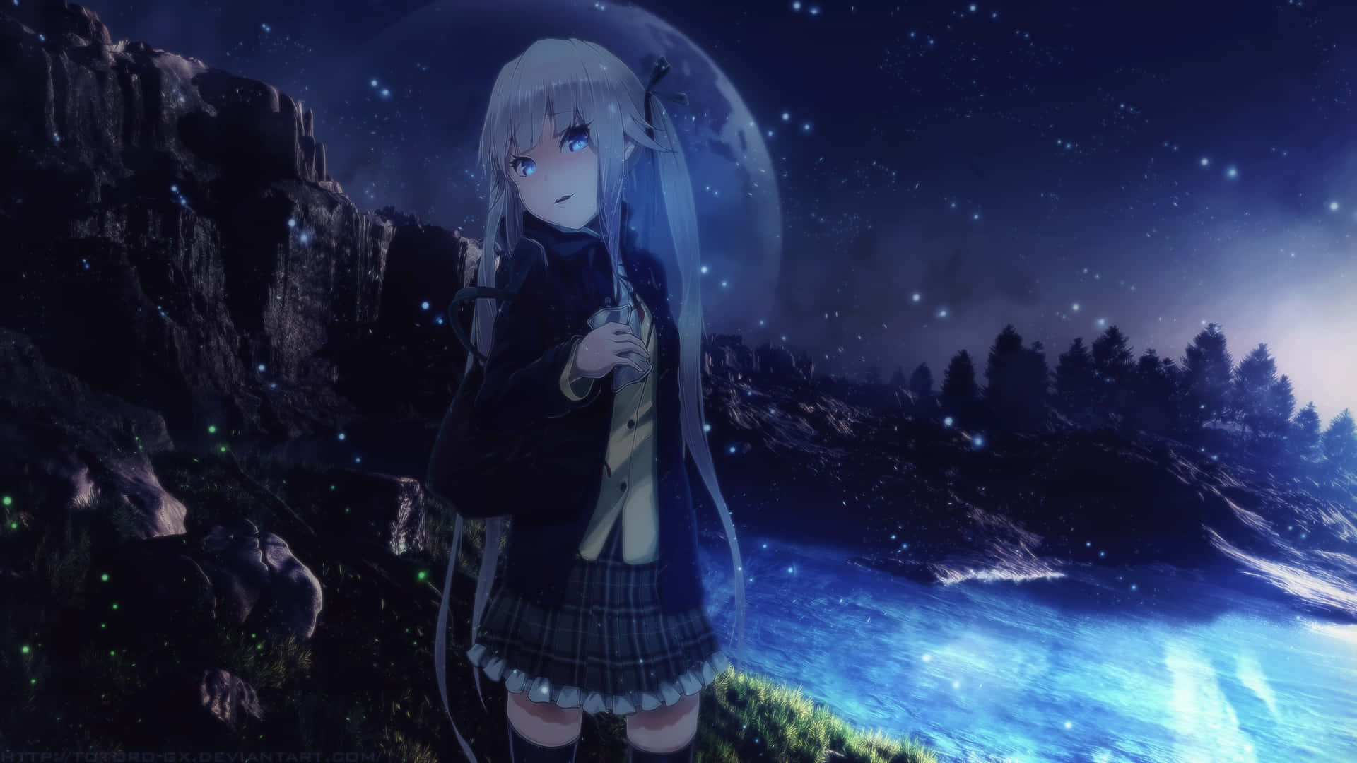 silver-haired anime girl, school uniform, glowing blue river, Full HD Desktop Wallpaper