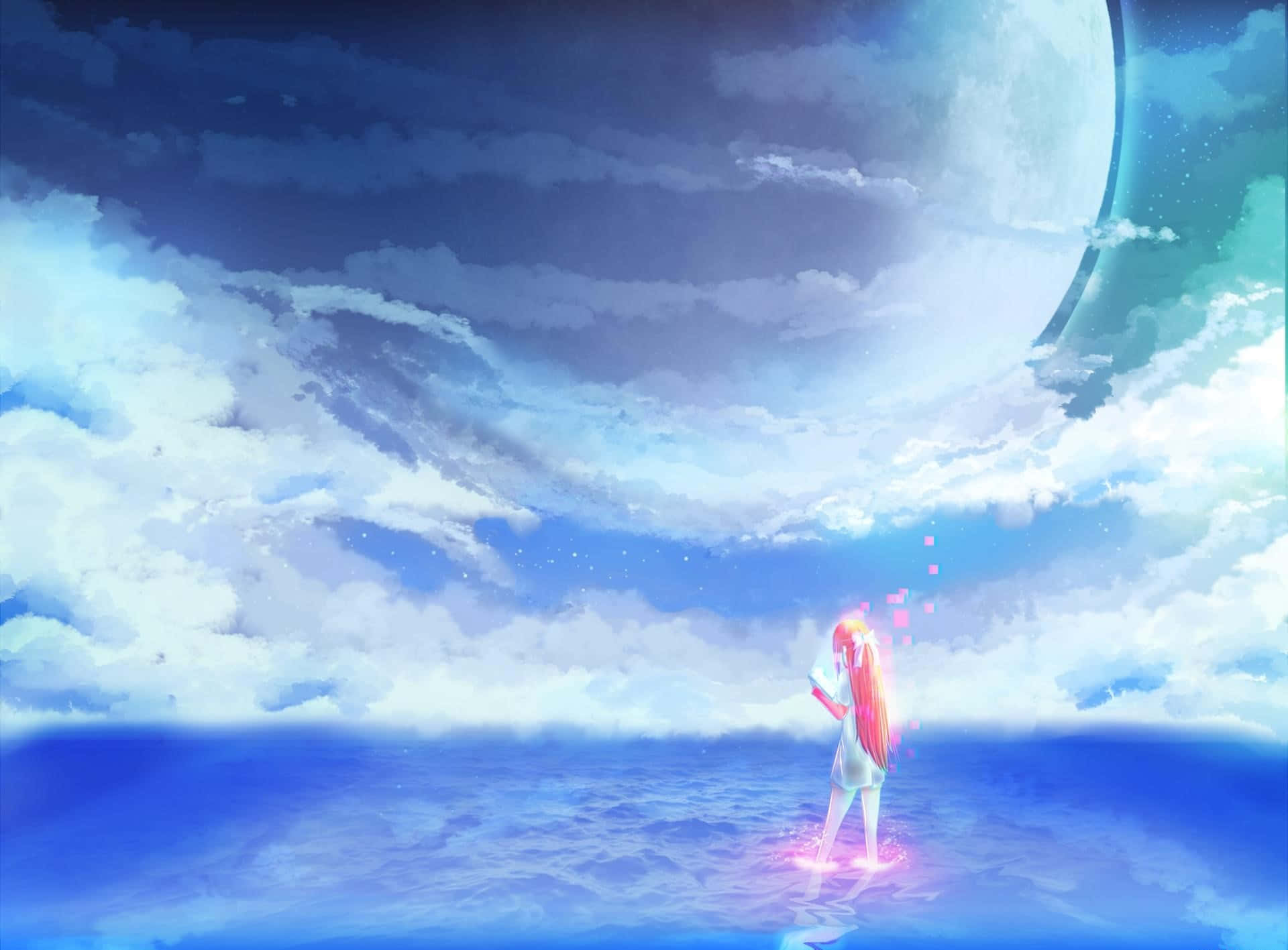 Calm Anime Scenery Big Moon, glowing pink hair, shimmering blue surface, Full HD Desktop Wallpaper