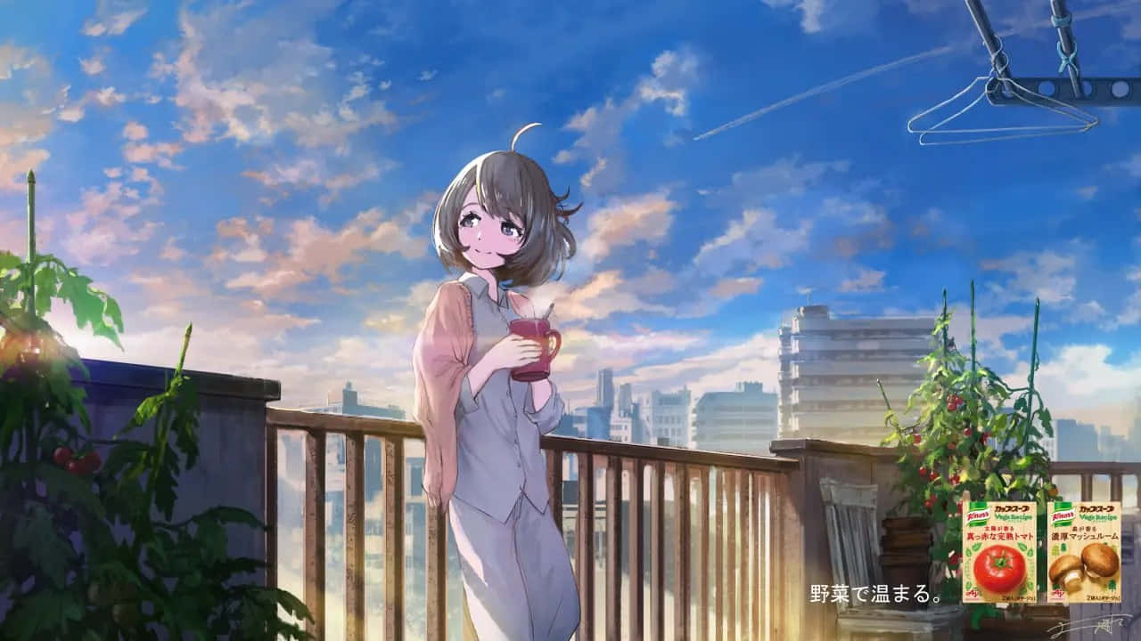 anime girl, light outfit, sunlit rooftop balcony, HD Desktop Wallpaper