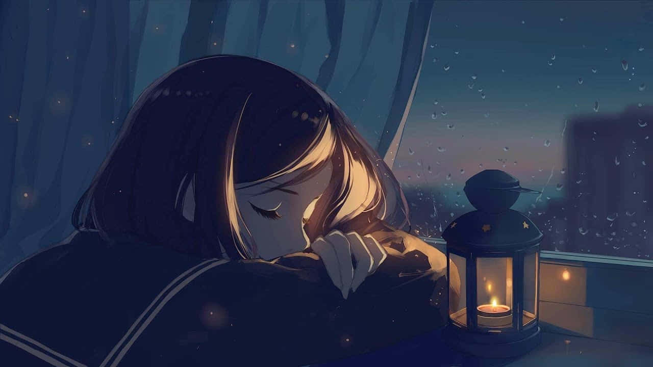 young girl, rain-streaked window, glowing lantern, HD Desktop Wallpaper