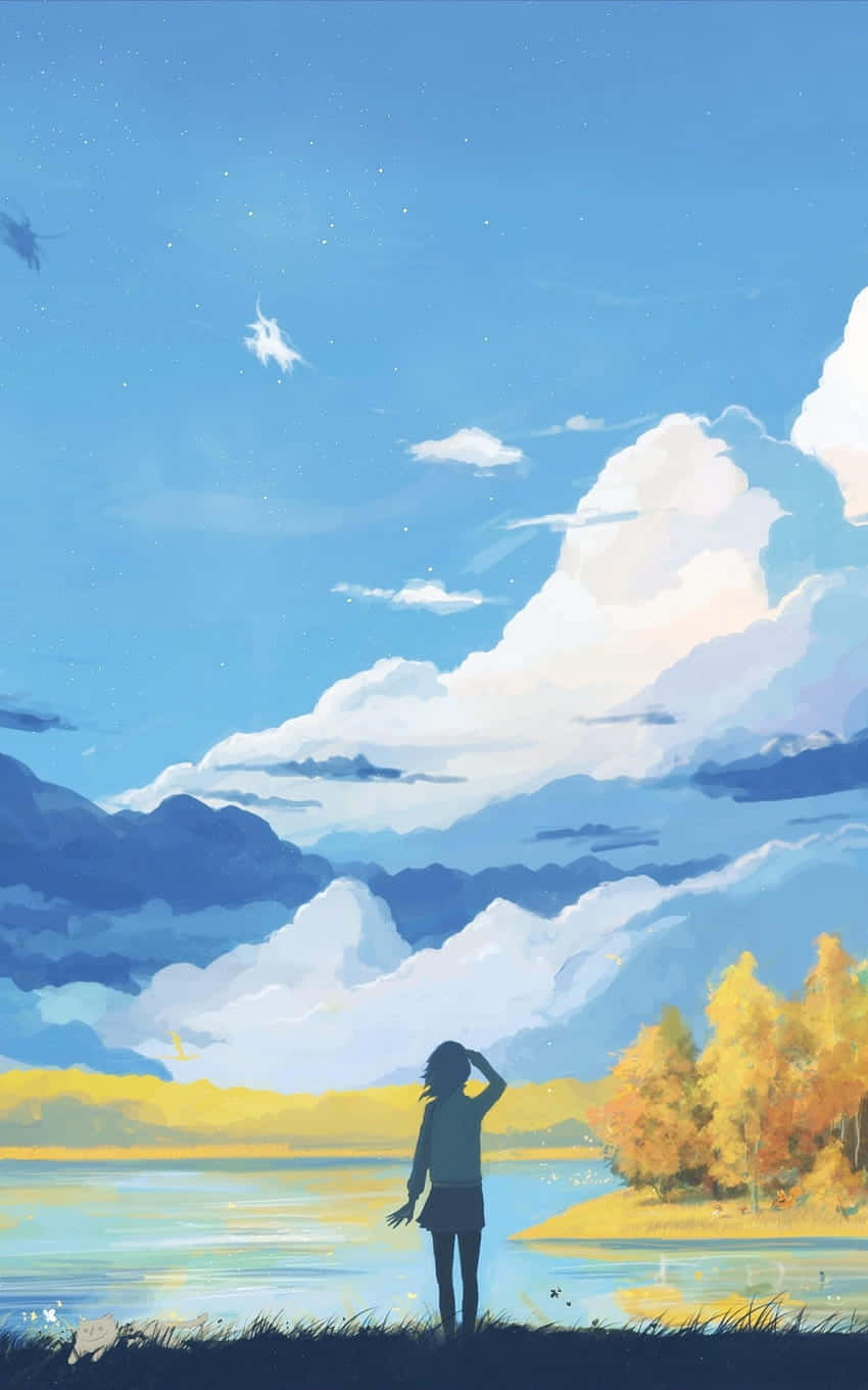 Calm Anime Girl River, tranquil lake, vast blue sky, HD Phone Wallpaper