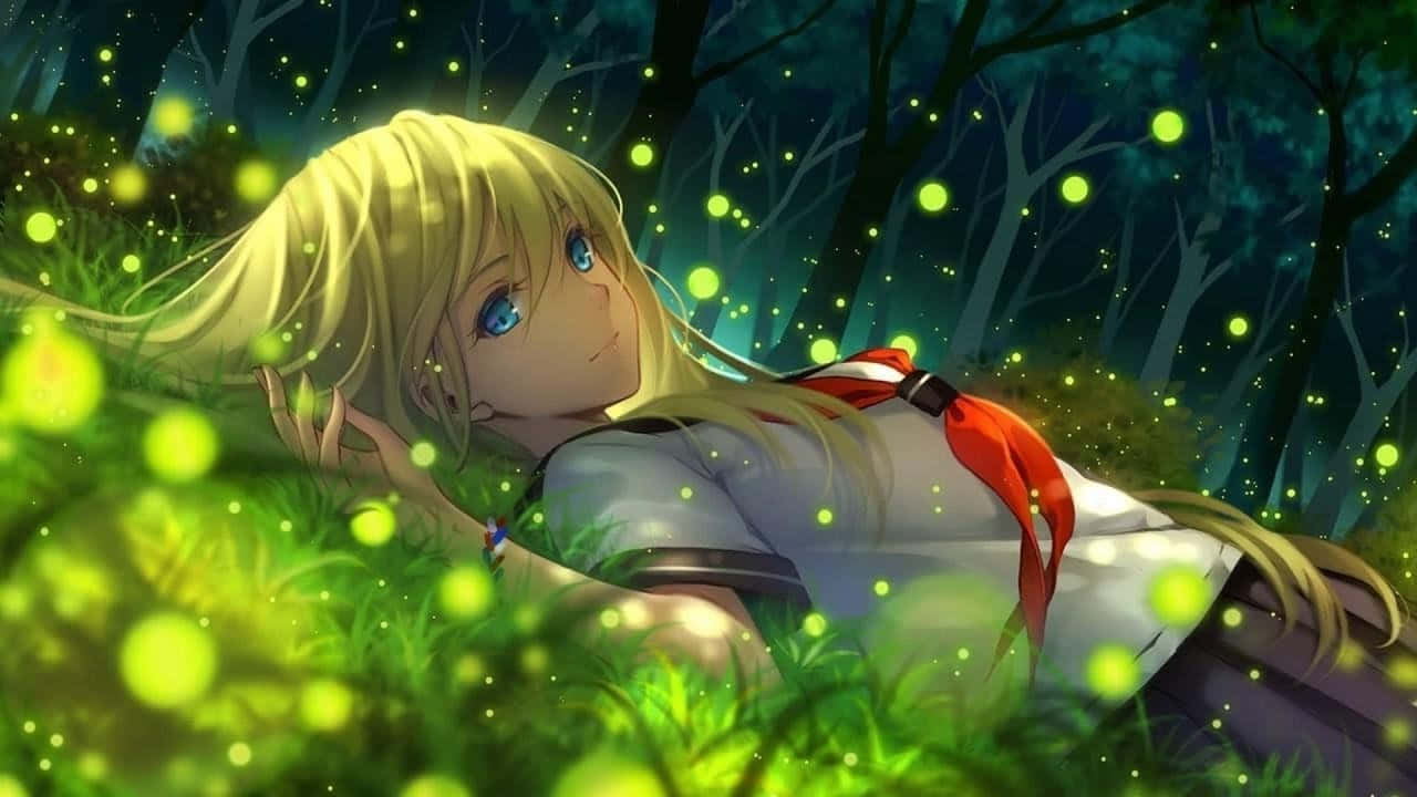 blonde anime girl, blue eyes, glowing green grass, HD Desktop Wallpaper