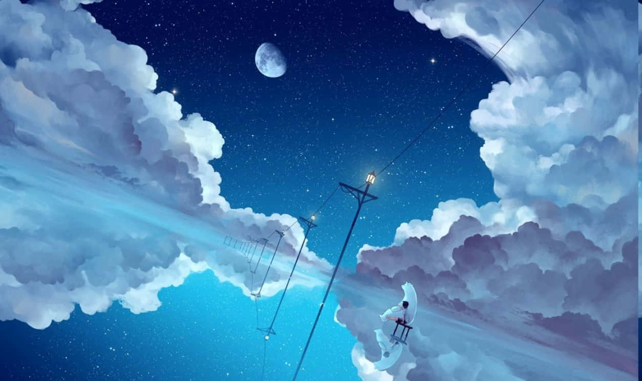 Calm Anime, starry night, crescent moon, SD Desktop Wallpaper