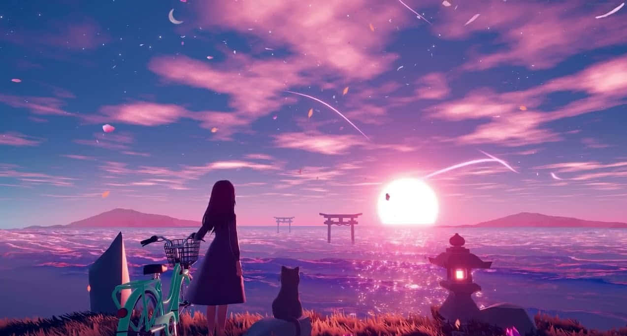 girl, bicycle, glowing pink sunset, SD Desktop Wallpaper