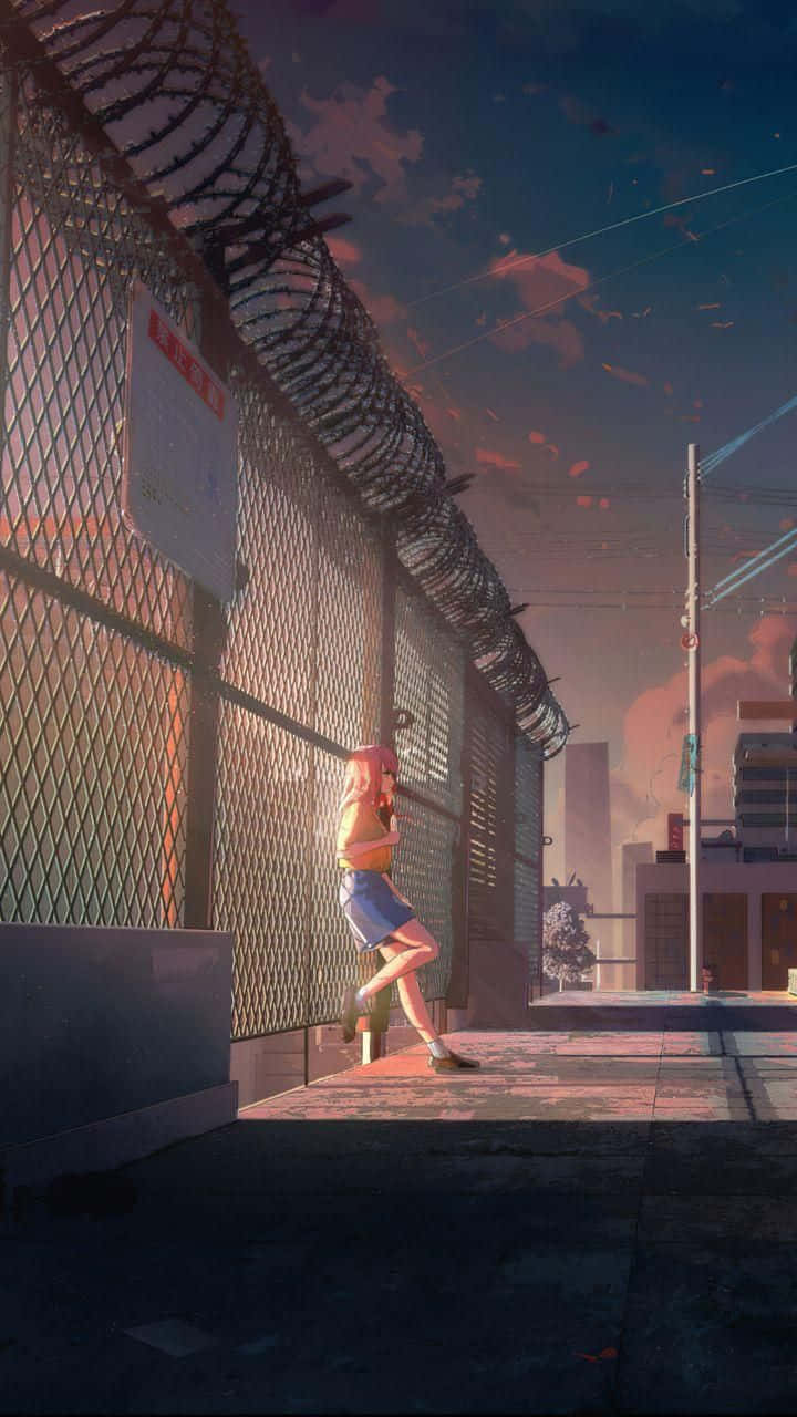 pink-haired anime girl, chain-link fence, barbed wire, HD Phone Wallpaper