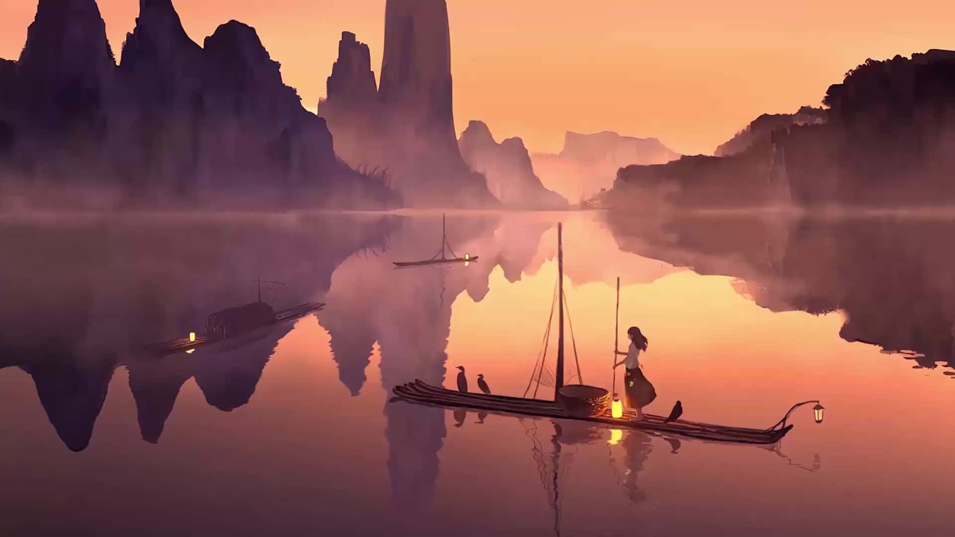 anime girl, boat, dawn, Full HD Desktop Wallpaper