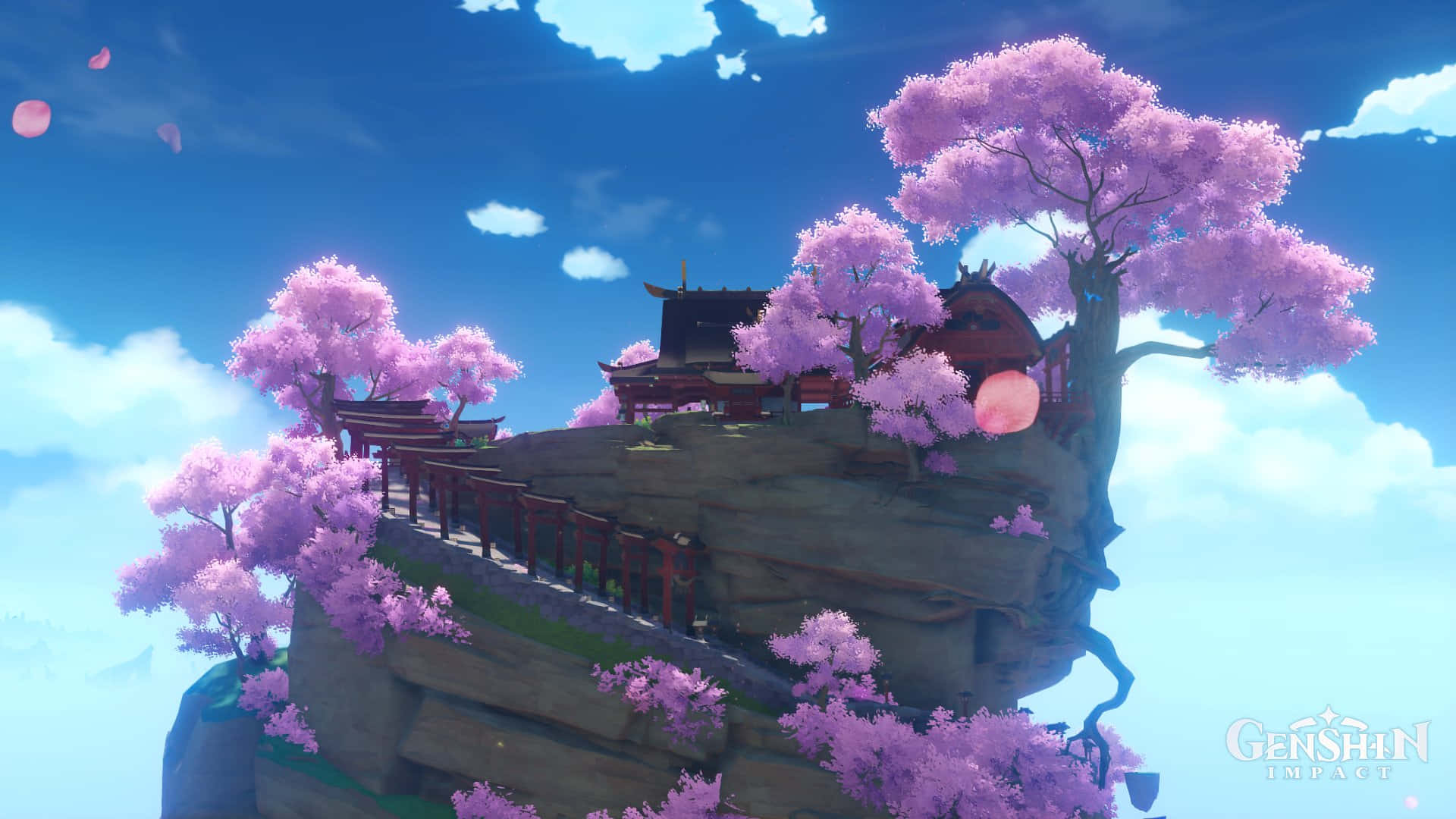 cherry blossoms, floating island, traditional wooden shrine, Full HD Desktop Wallpaper