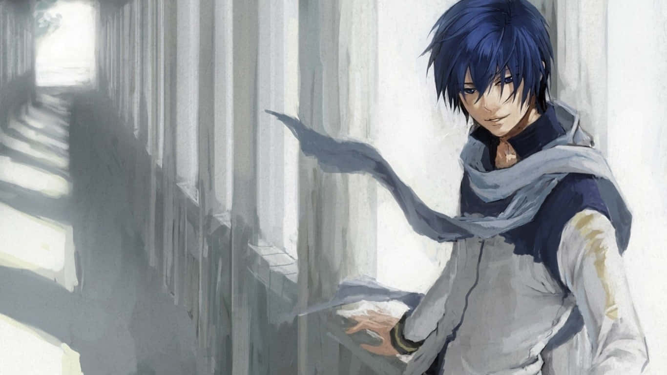 blue-haired anime boy, grey scarf, sunlit corridor wall, HD Desktop Wallpaper