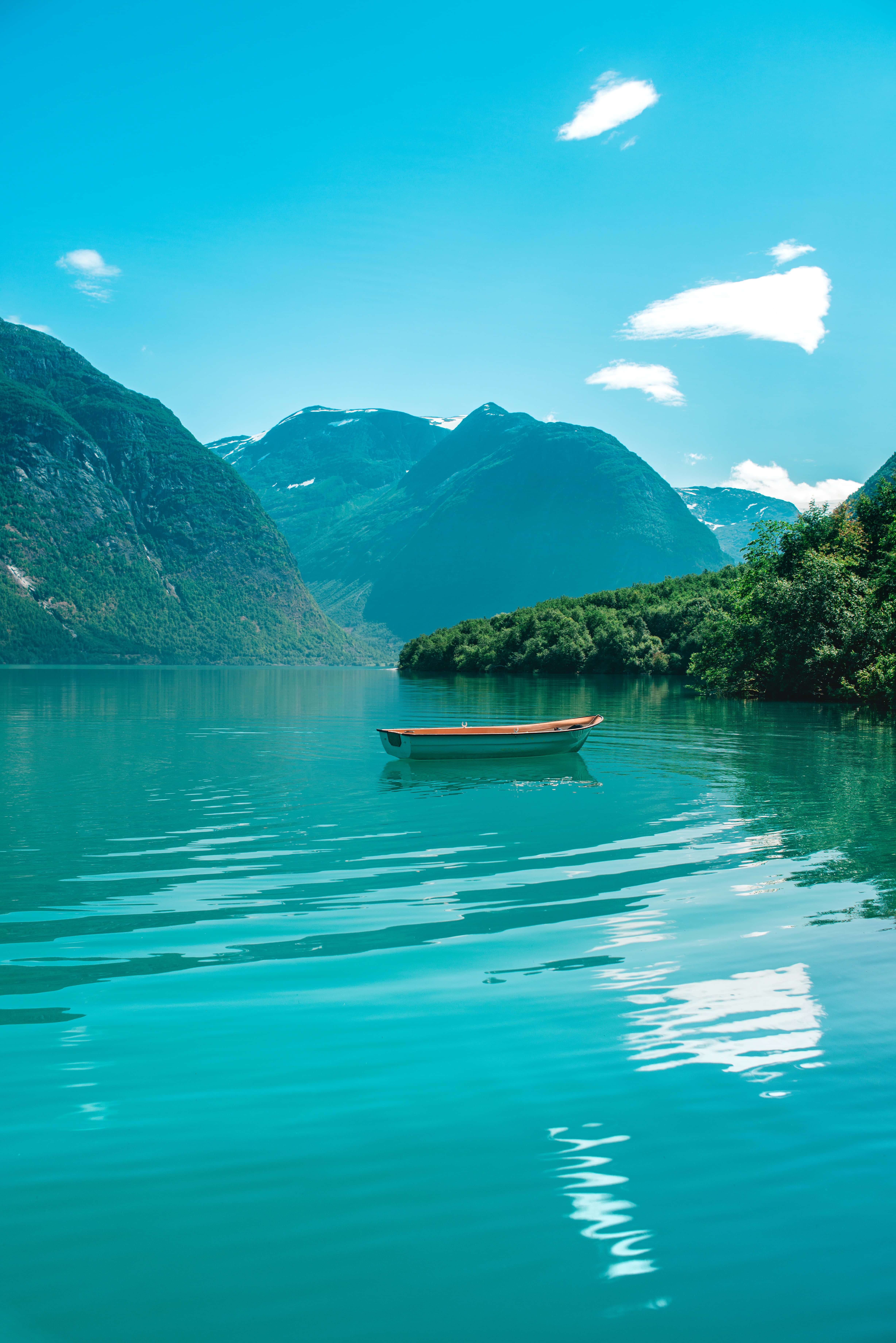 Calm Mobile, wooden boat, turquoise waters, 5K Phone Wallpaper