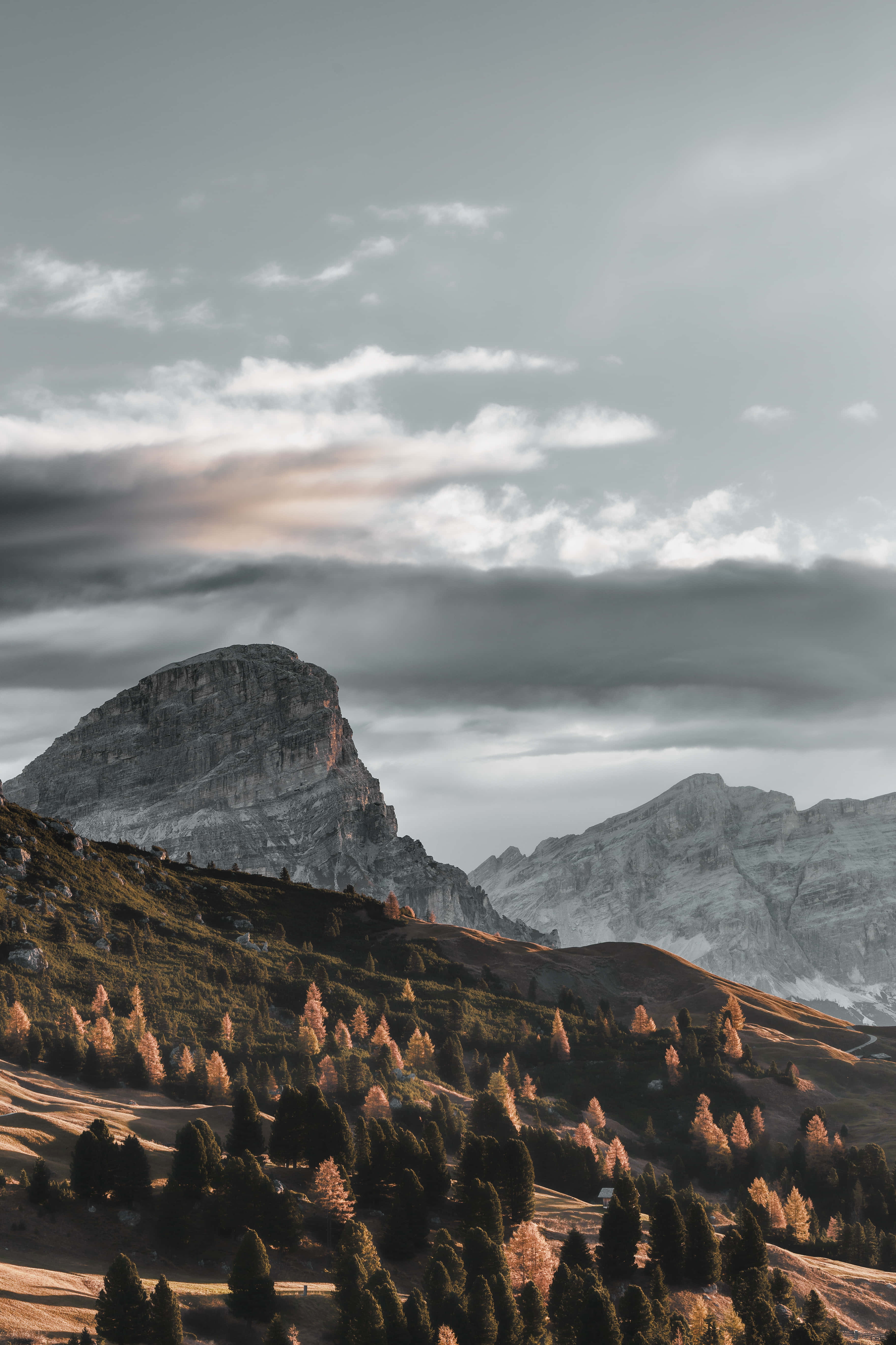 Calm Mobile, mountain peak, forested slope, 5K Phone Wallpaper
