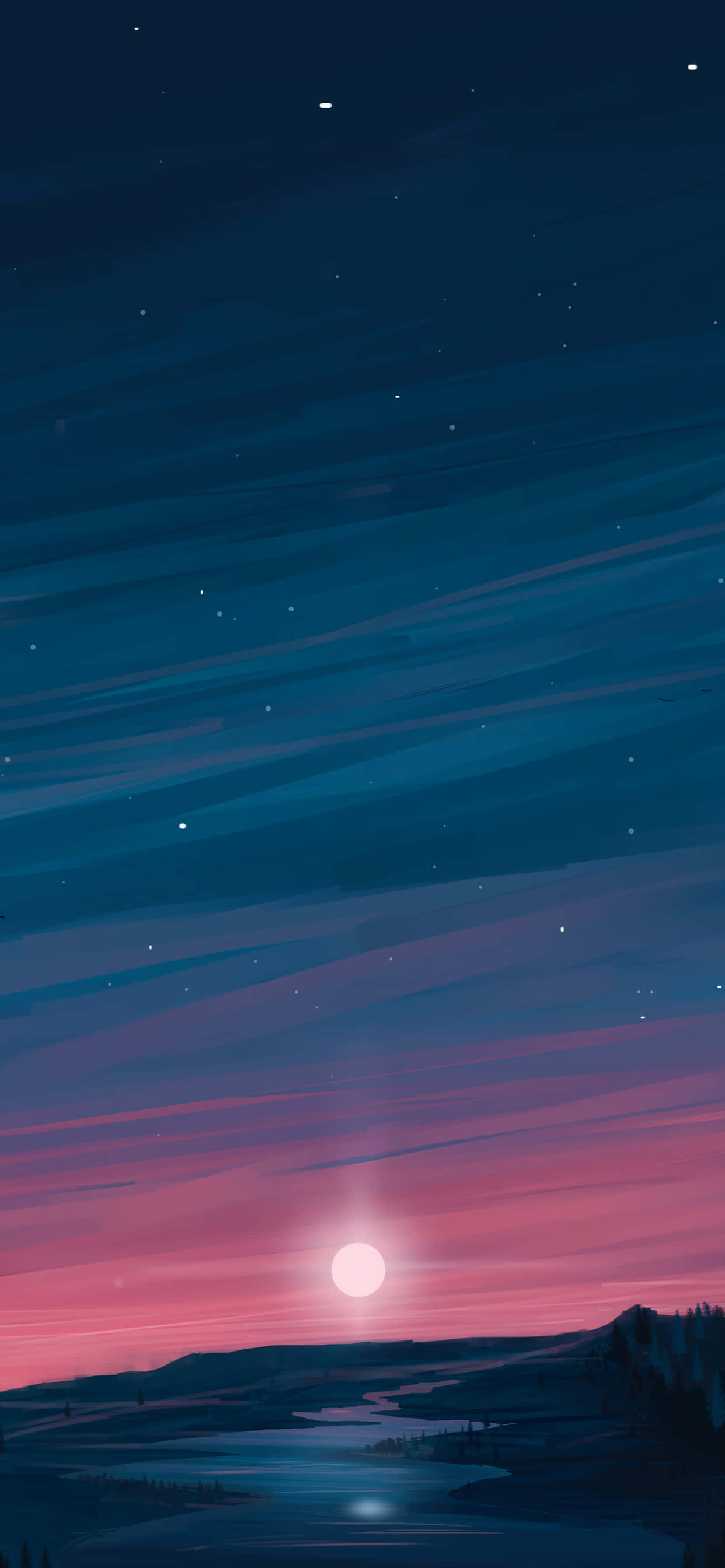twilight sky, glowing moon, calm river, 2K Phone Wallpaper