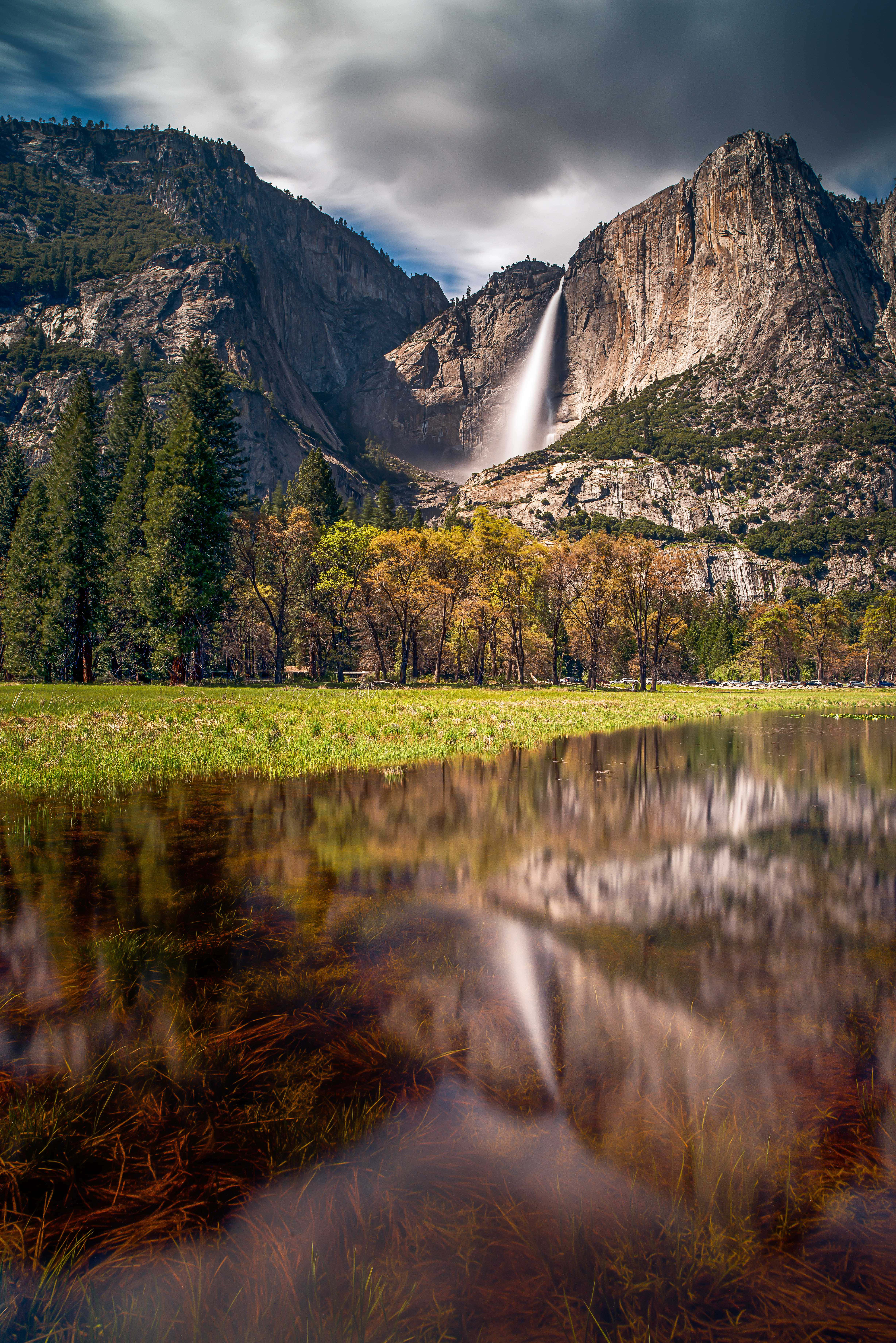 mountain, waterfall, granite cliffs, 5K Phone Wallpaper