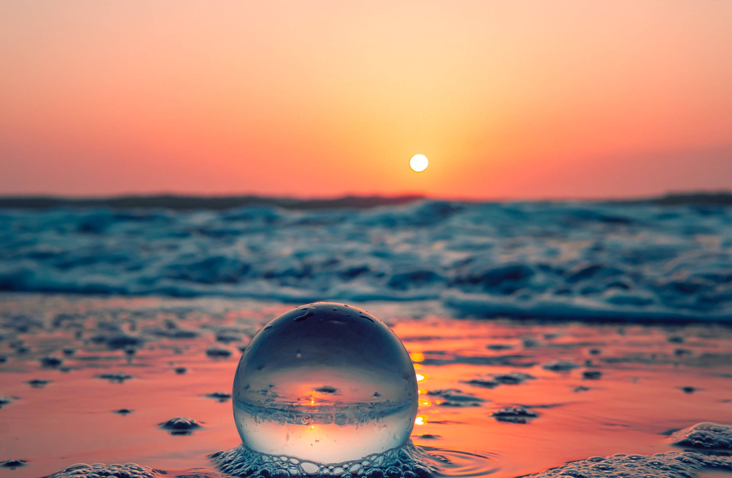 glass sphere, wet sand, vibrant orange sunset, Full HD Desktop Wallpaper