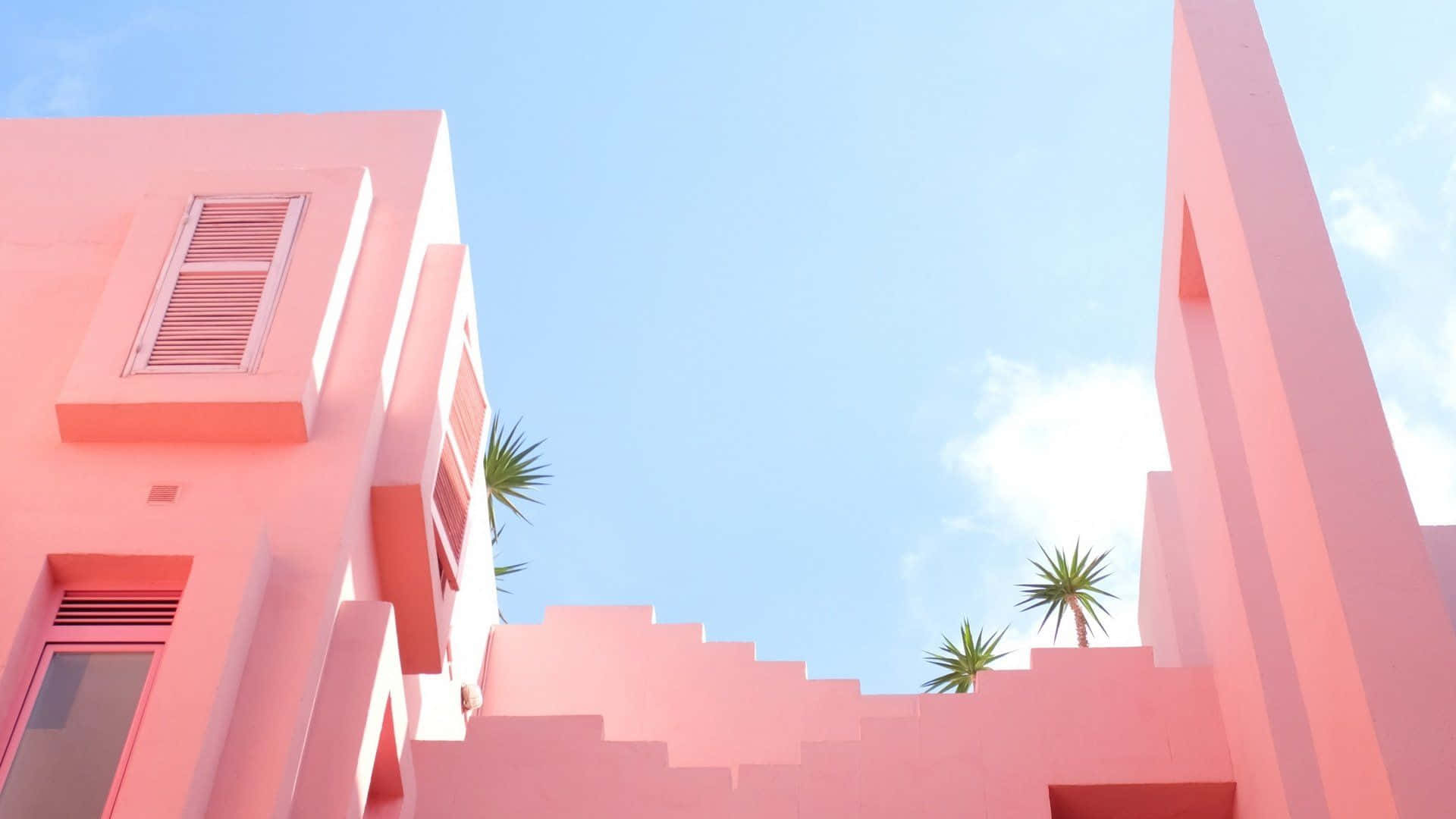 Calm Pastel Aesthetic Desktop, vibrant pink geometric buildings, clear blue sky, Full HD Desktop Wallpaper