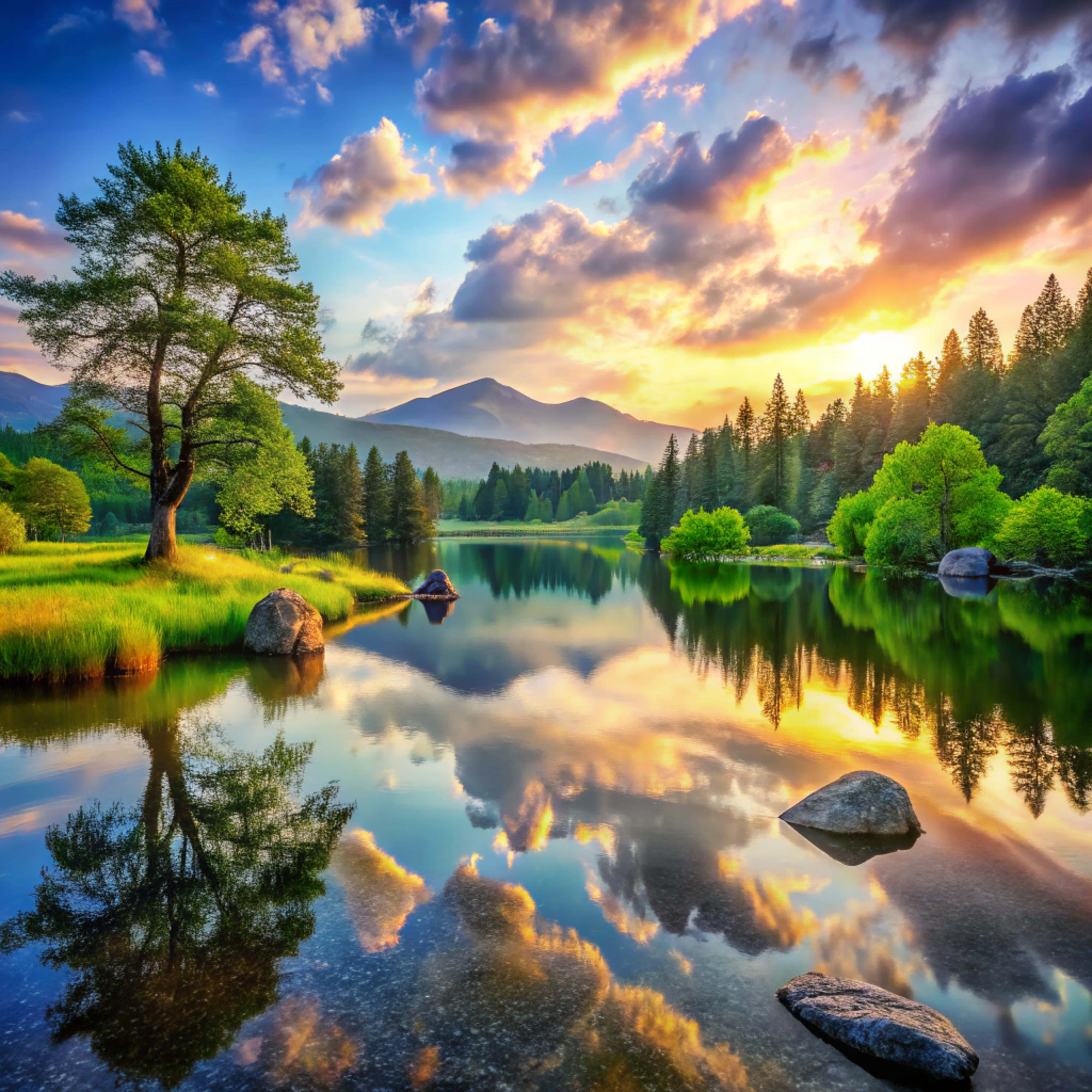 lake, sunset, golden clouds, 8K Desktop Wallpaper