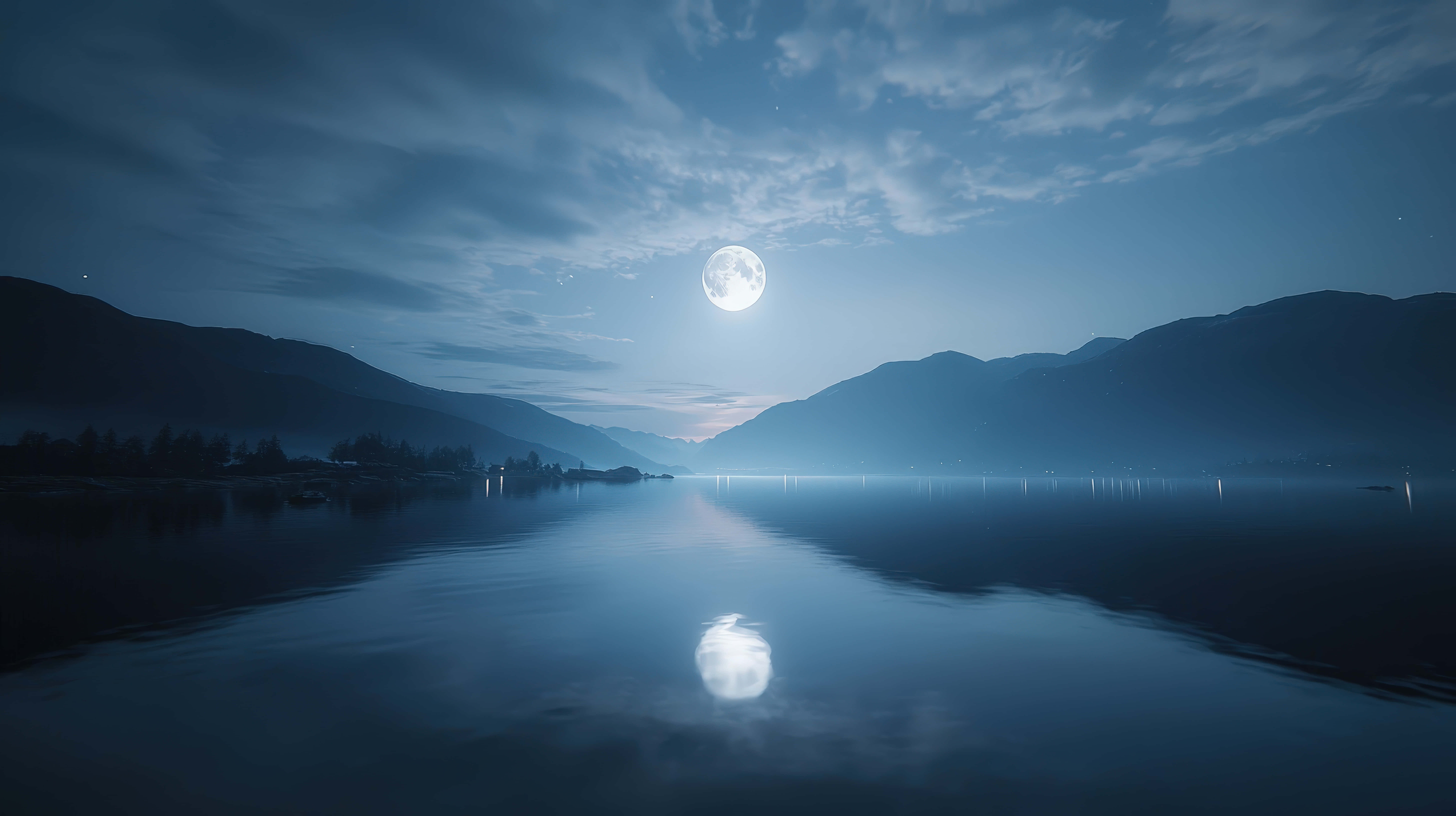 full moon, calm lake, majestic mountains, 8K Desktop Wallpaper