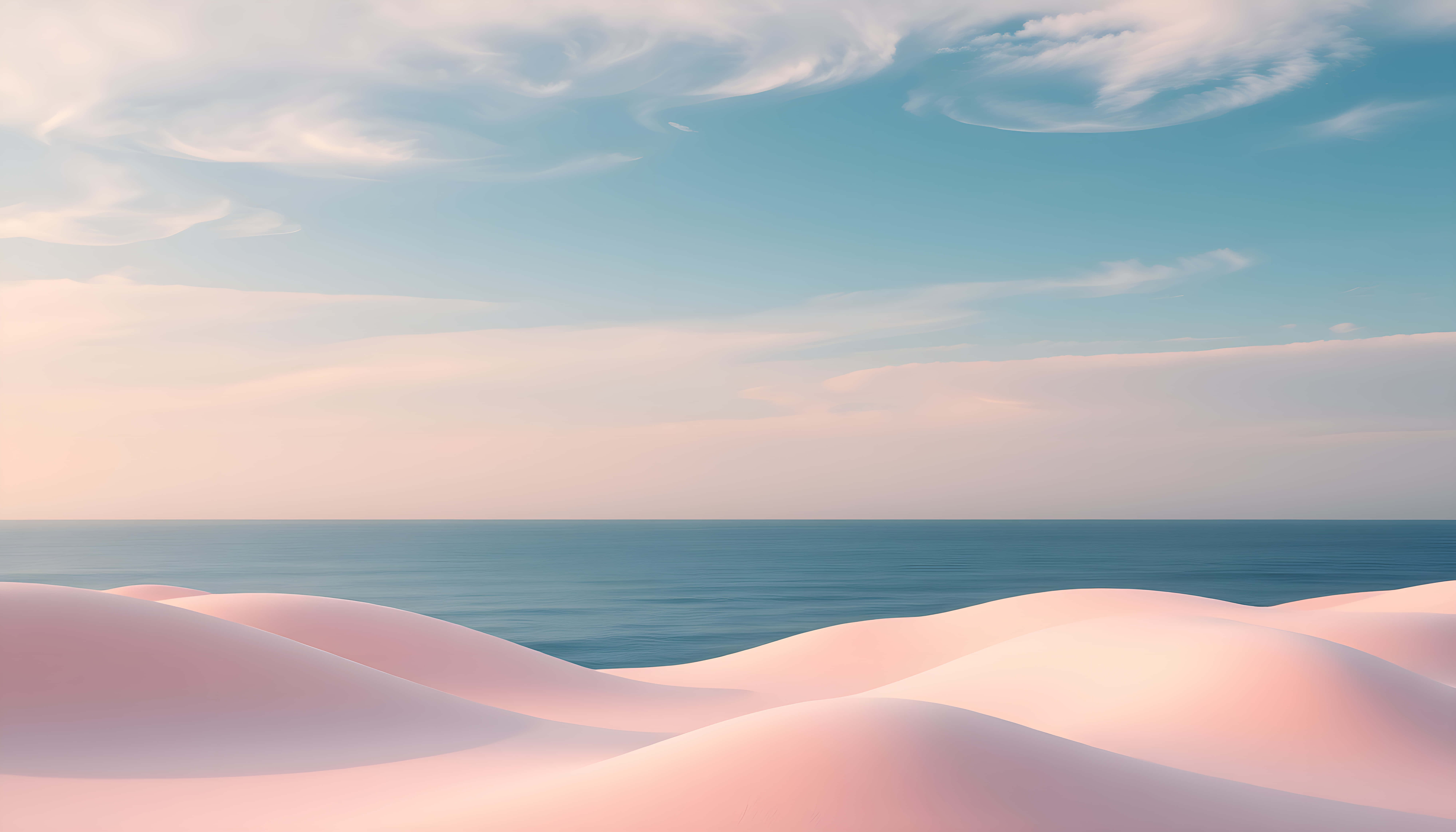 soft pink sand dunes, calm blue sea, pastel sky, 8K Desktop Wallpaper