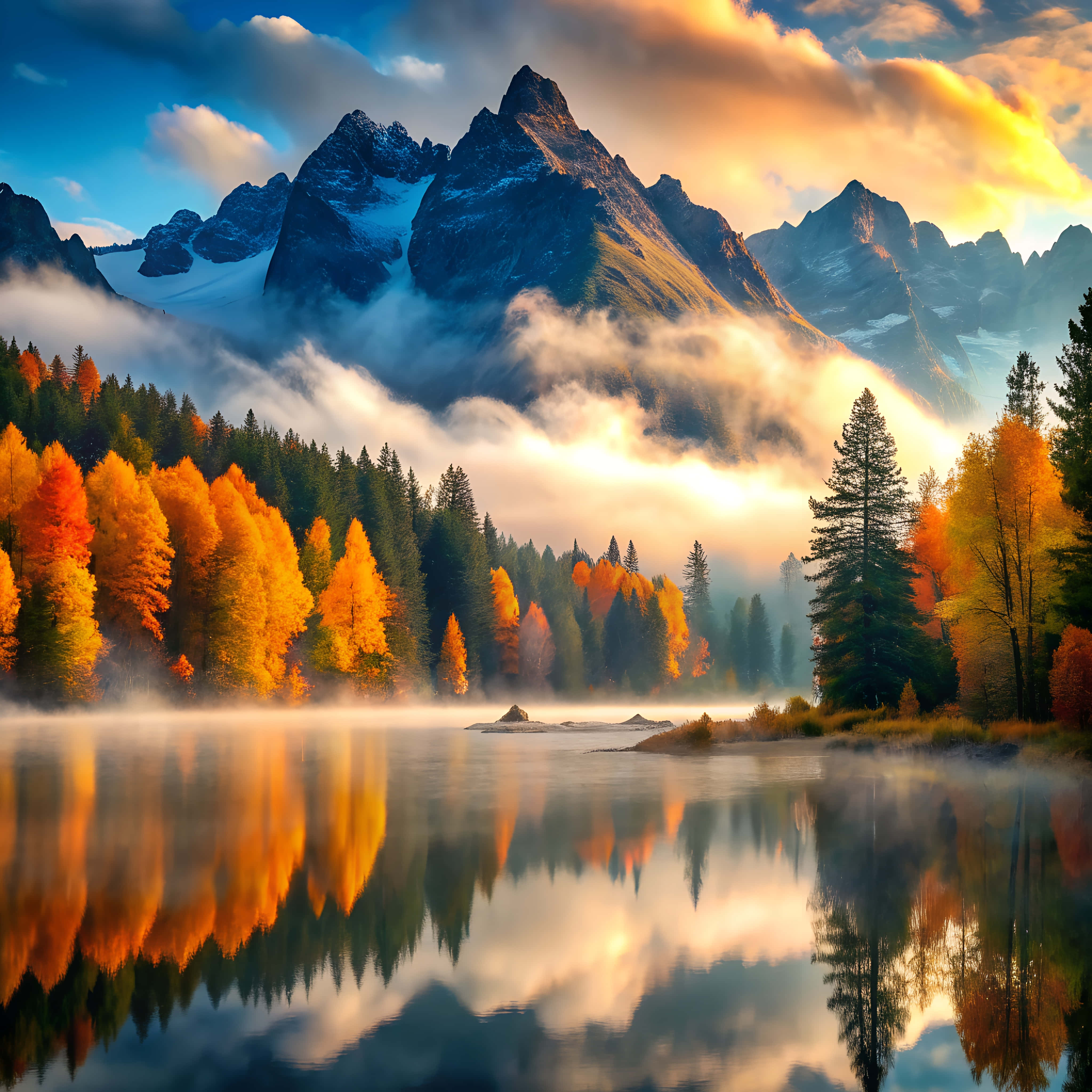 lake, fiery autumn trees, snow-capped mountains, 4K Desktop Wallpaper
