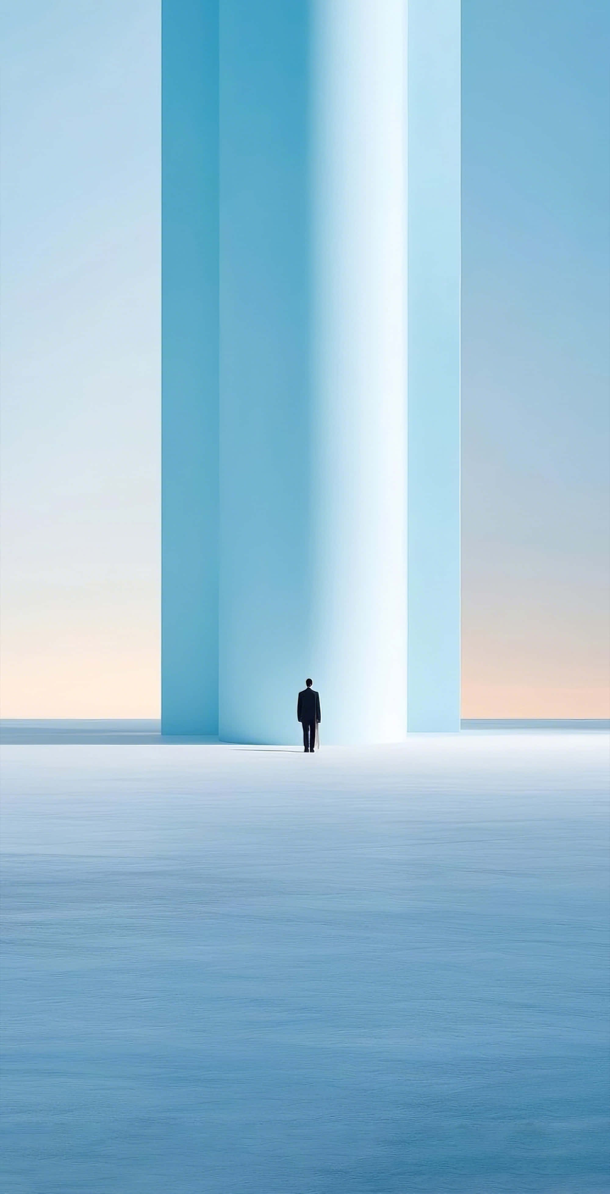 dark suit, three towering vertical blue columns, pale sky, 4K Phone Wallpaper