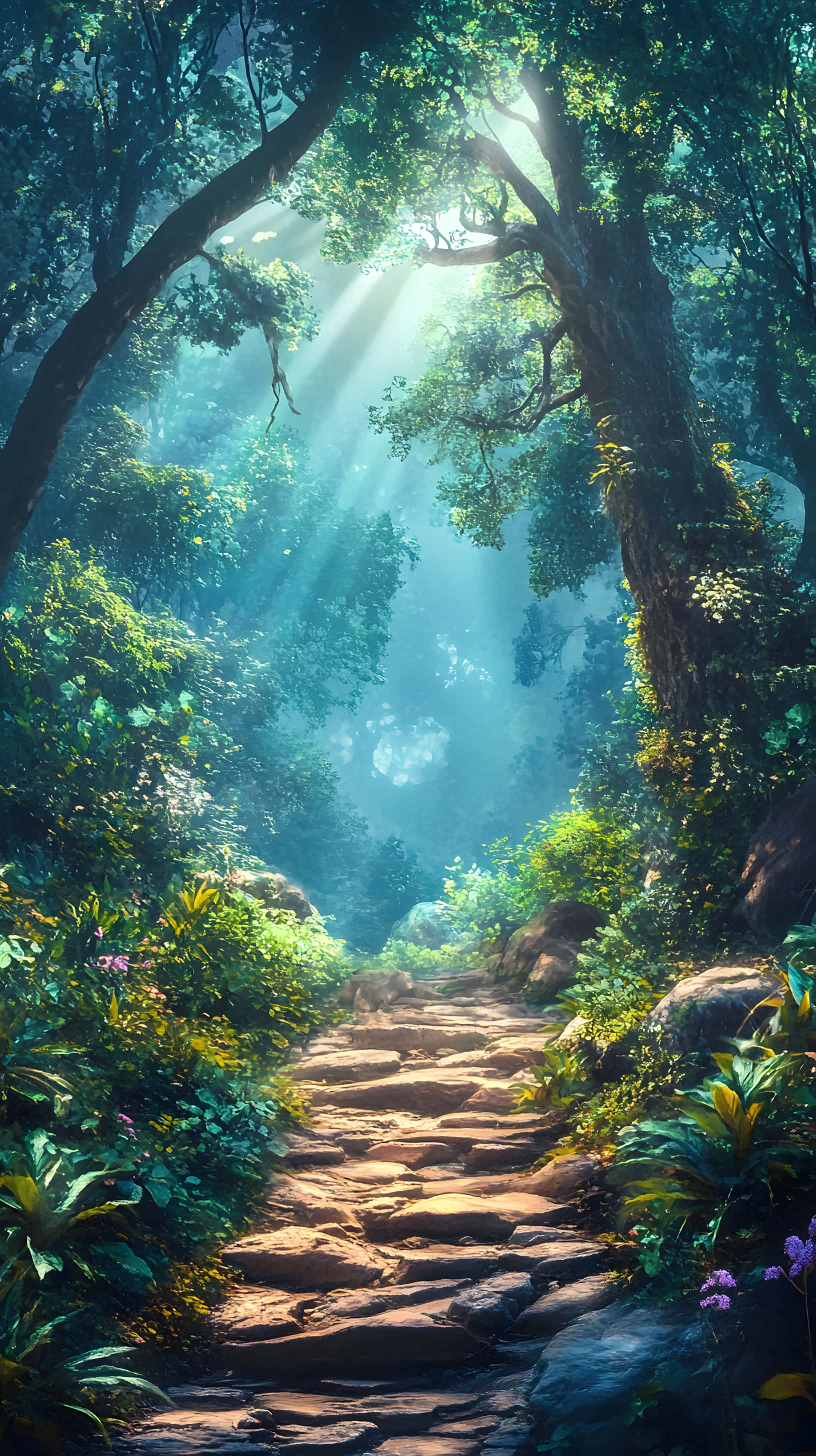 sunlight beams, dense canopy, mossy stone path, 2K Phone Wallpaper
