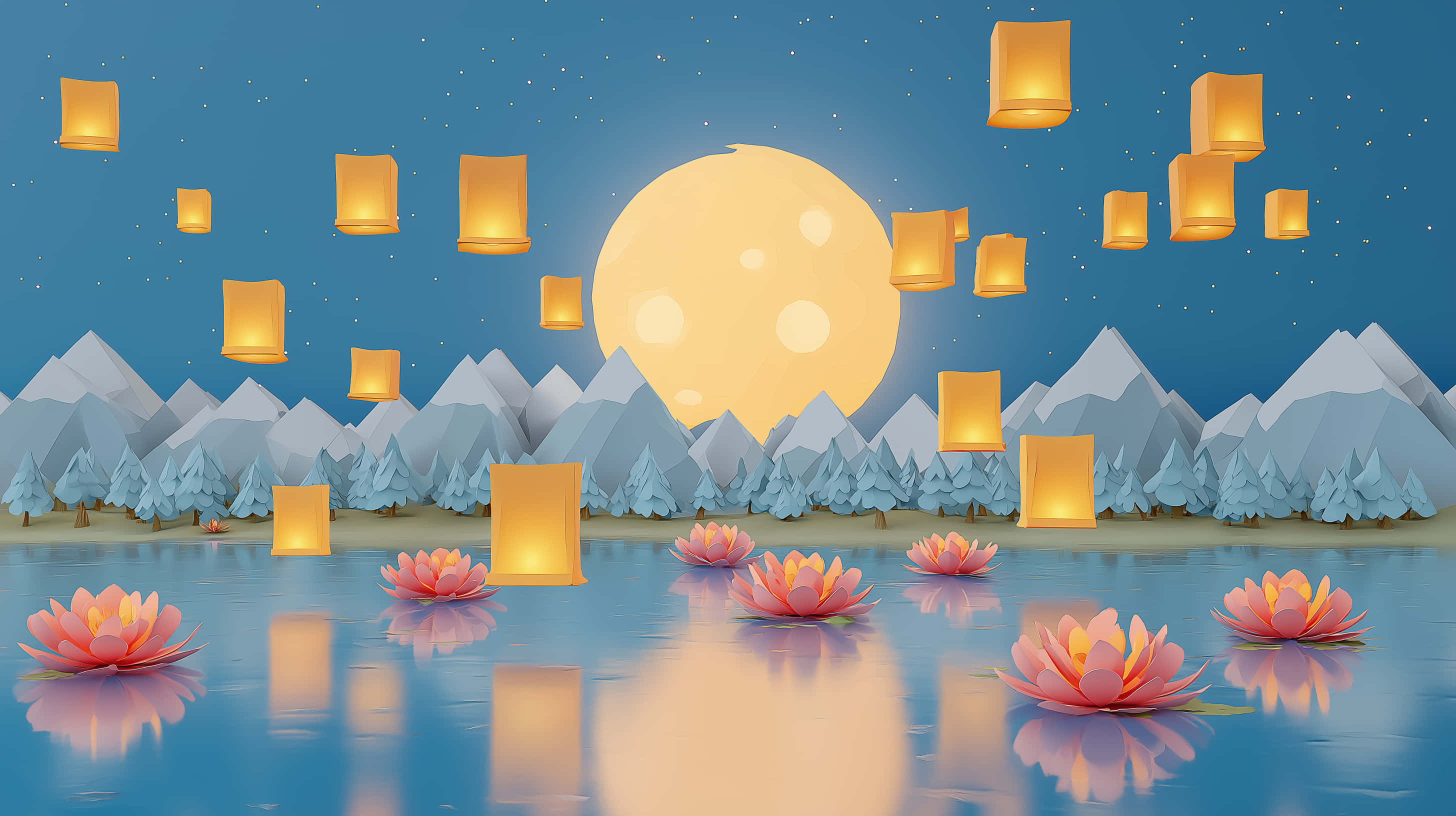 glowing moon, lotus flowers, calm lake, 2K Desktop Wallpaper